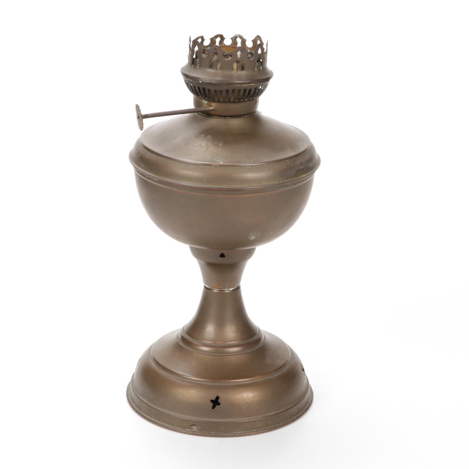 1880 Eagle Burner Brass Oil Lamp, Horn Flasks, Blown Vase and Drawers