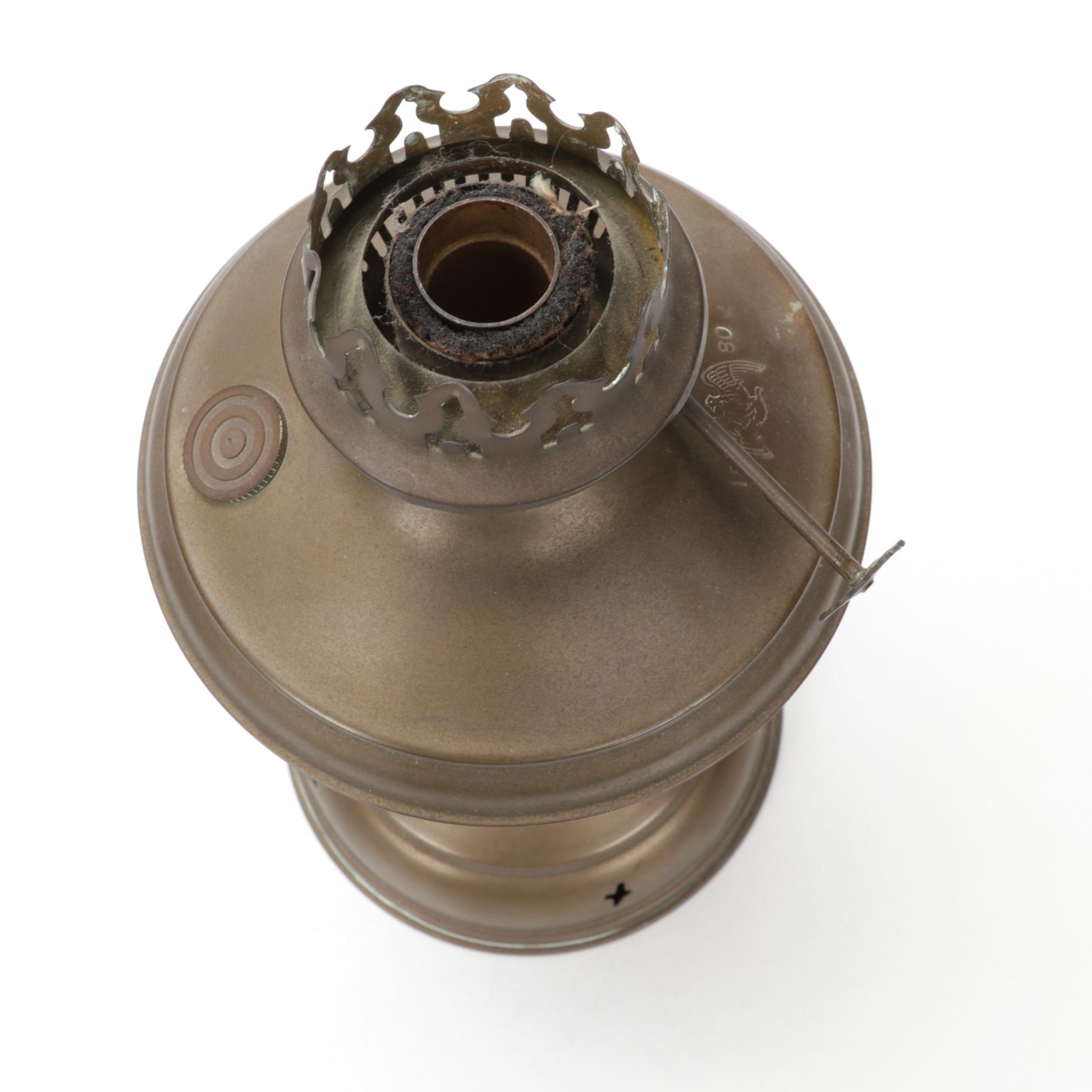 1880 Eagle Burner Brass Oil Lamp, Horn Flasks, Blown Vase and Drawers