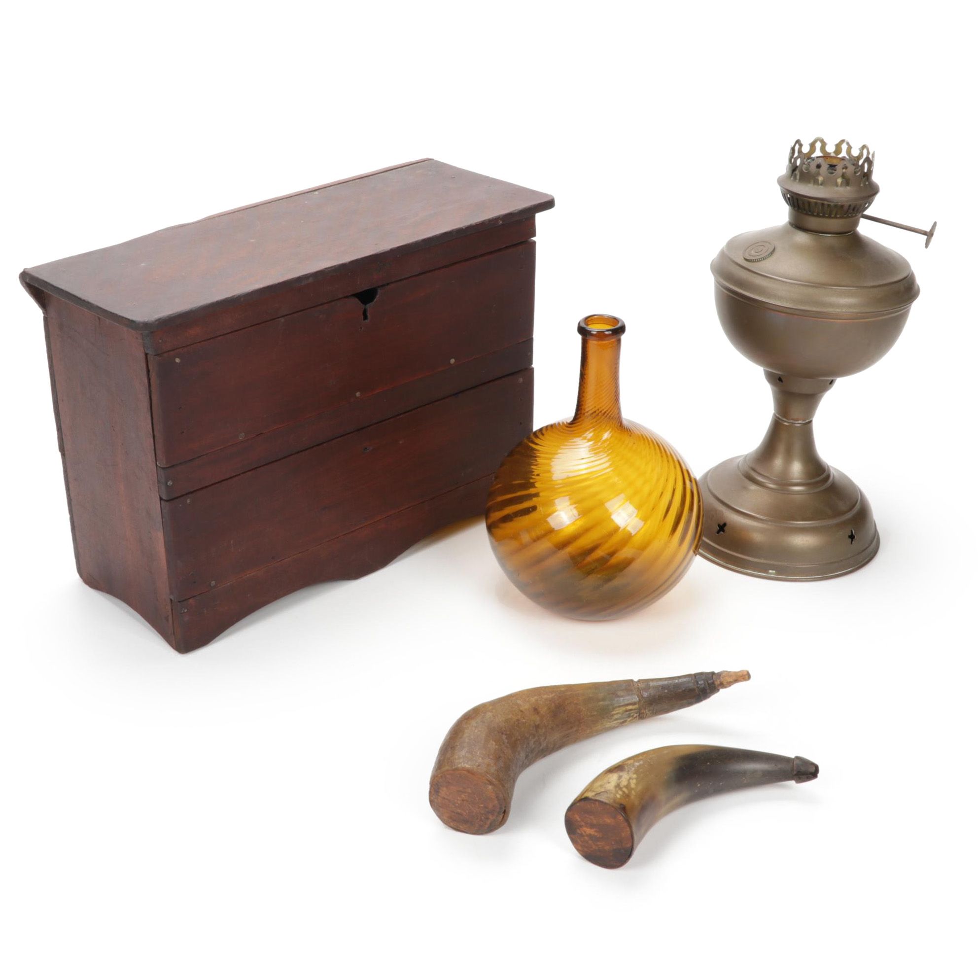 1880 Eagle Burner Brass Oil Lamp, Horn Flasks, Blown Vase and Drawers
