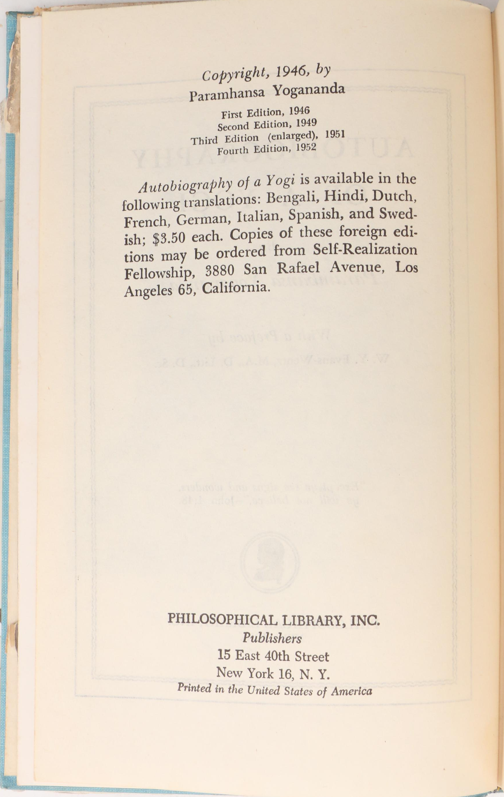 Fourth Edition "Autobiography of a Yogi" by Paramhansa Yoganandra, 1952