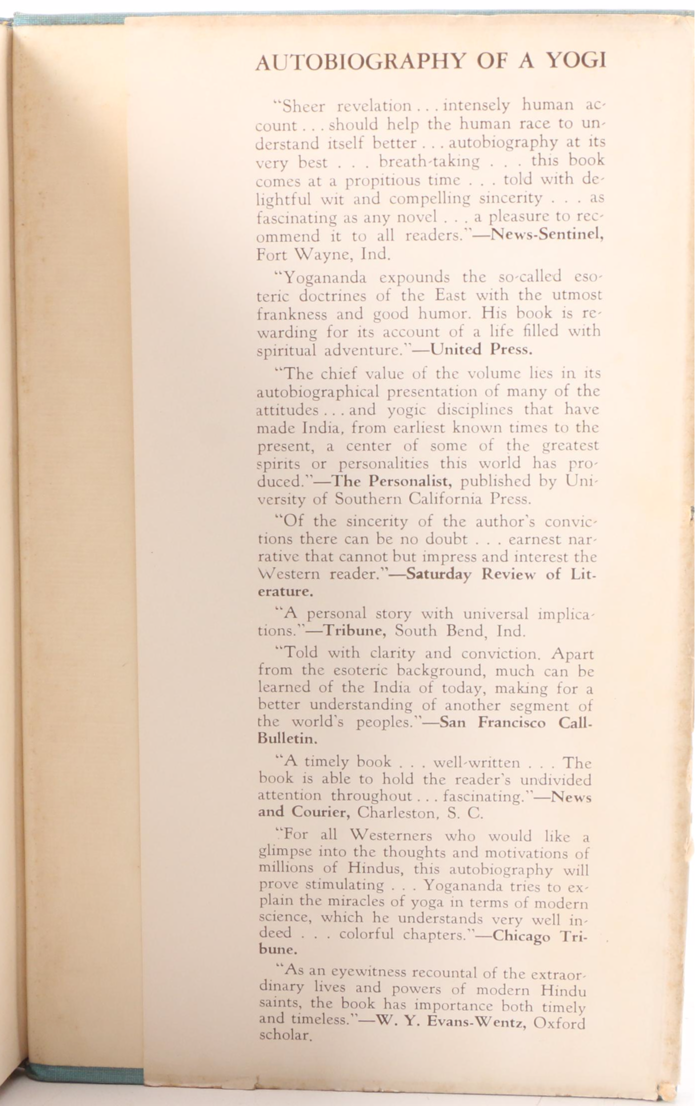 Fourth Edition "Autobiography of a Yogi" by Paramhansa Yoganandra, 1952