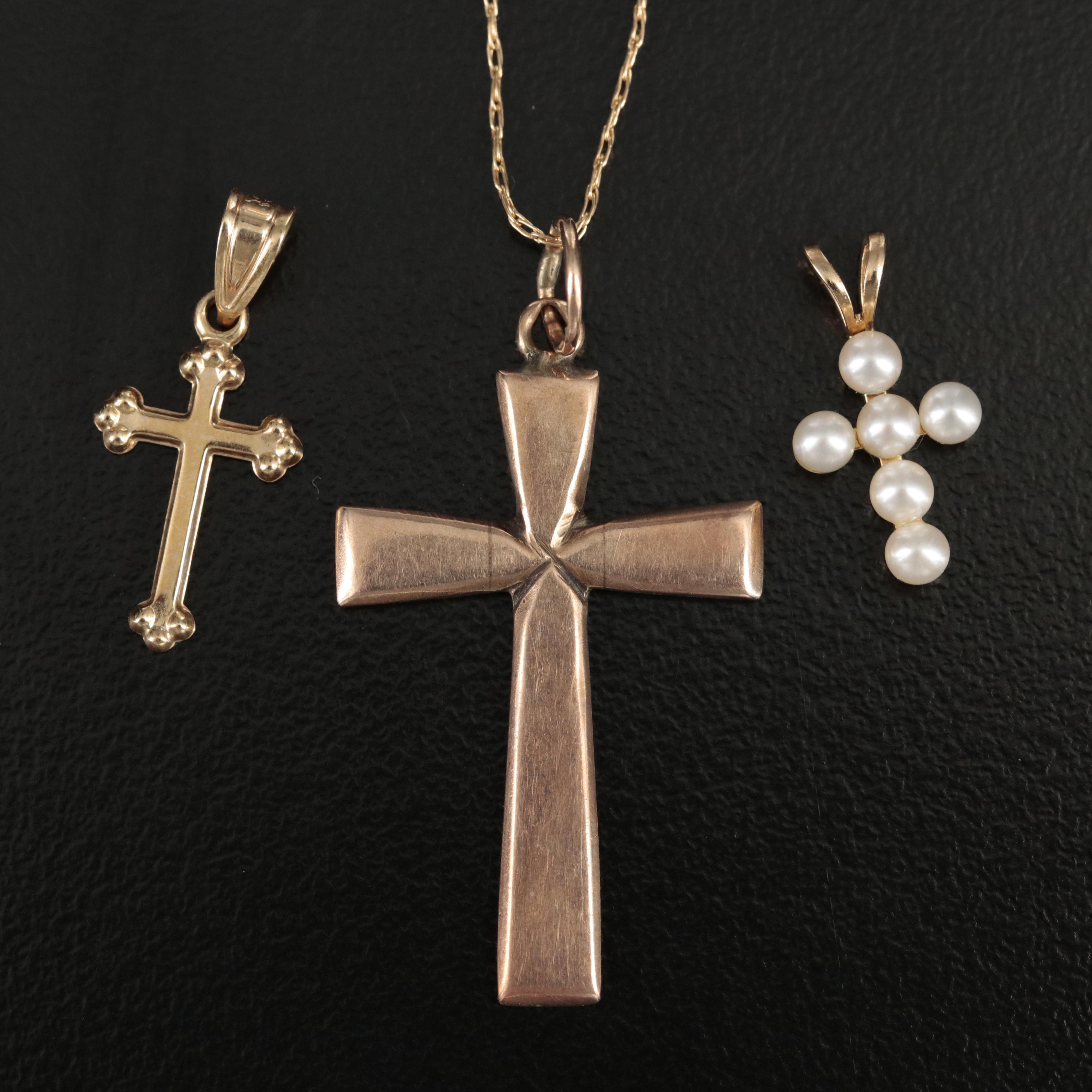 10K and 14K Crosses Including 10K Chain Necklace and Pearls