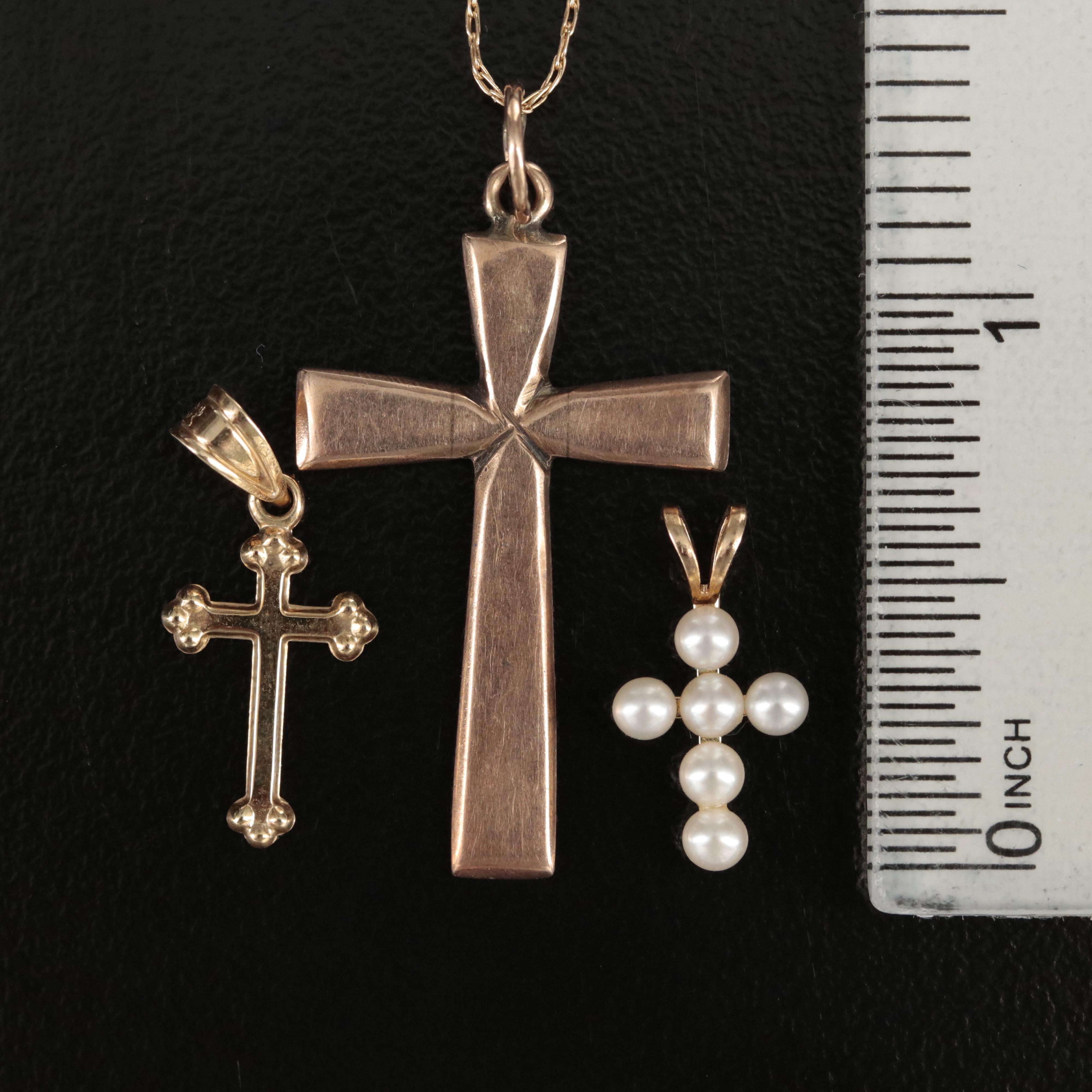 10K and 14K Crosses Including 10K Chain Necklace and Pearls