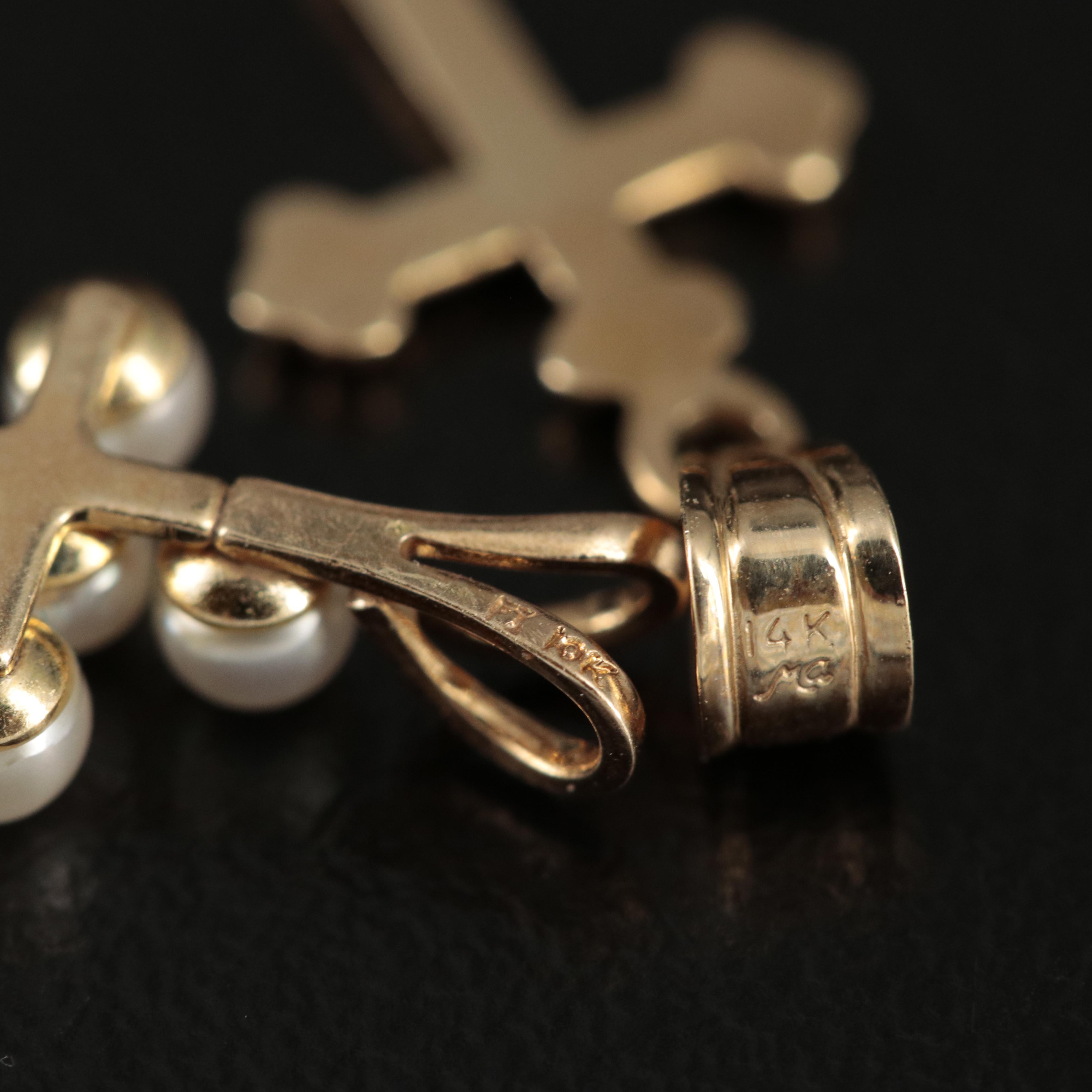 10K and 14K Crosses Including 10K Chain Necklace and Pearls