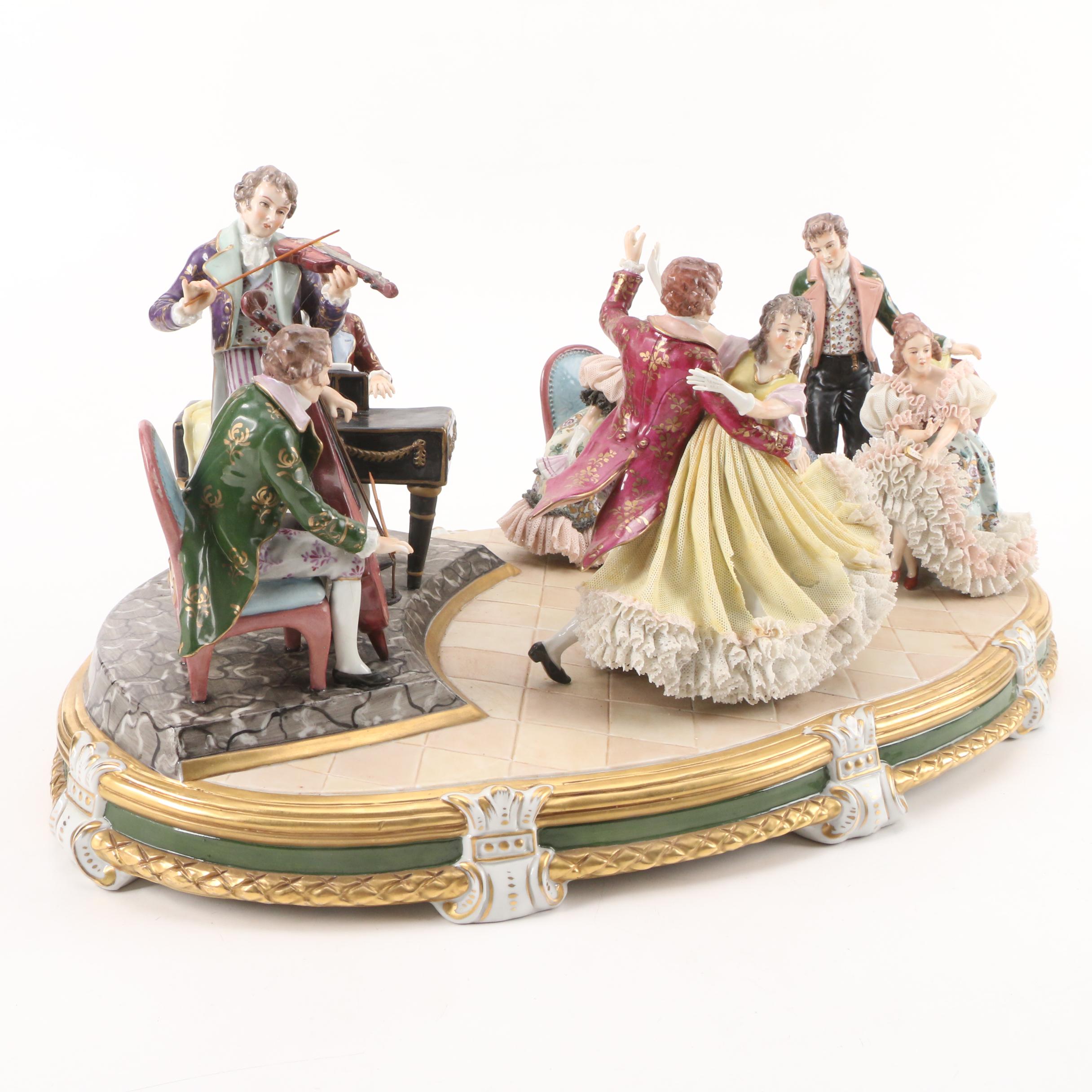 Sitzendorf "King's Waltz" Dresden Lace Porcelain Tableau, Early to Mid-20th C.