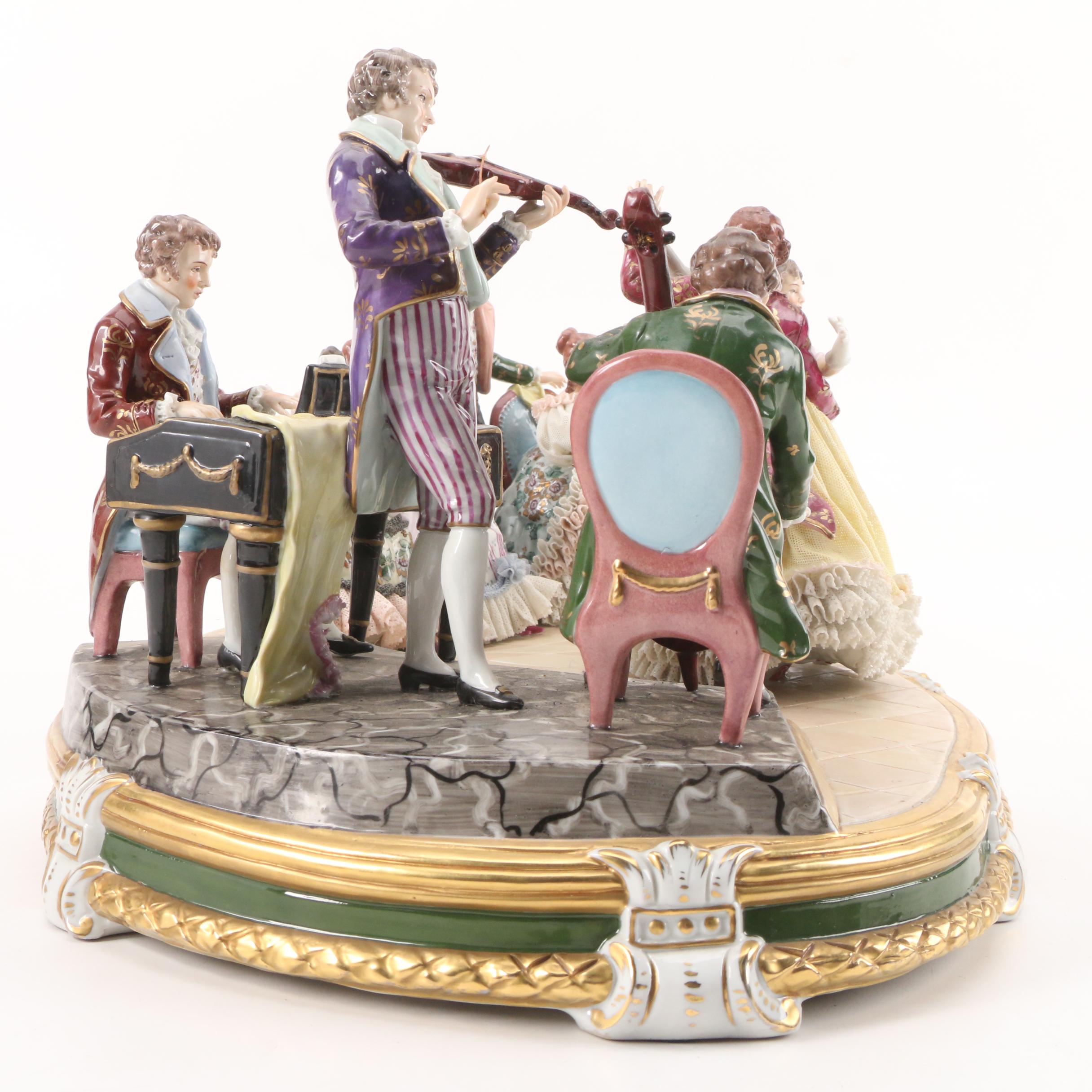 Sitzendorf "King's Waltz" Dresden Lace Porcelain Tableau, Early to Mid-20th C.