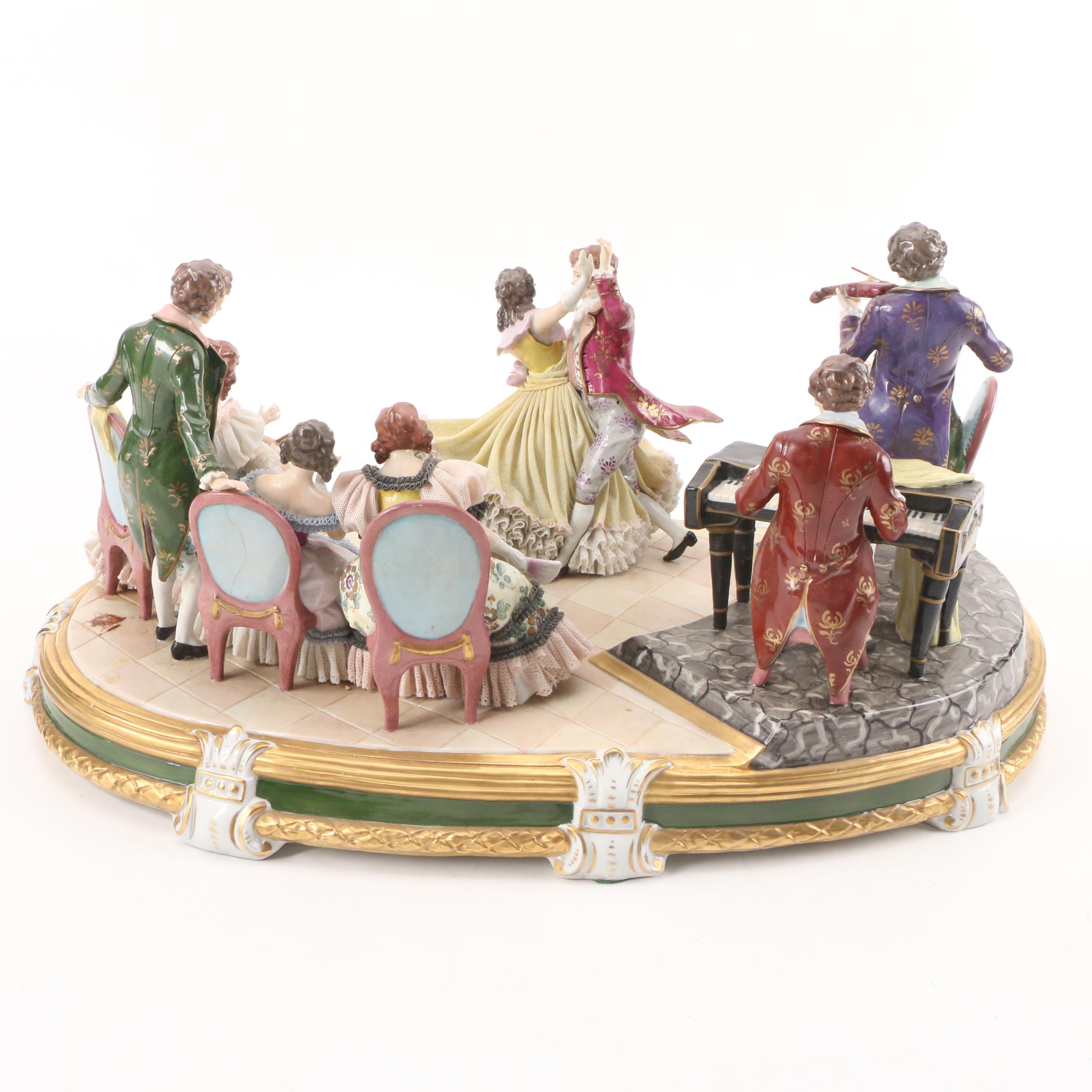 Sitzendorf "King's Waltz" Dresden Lace Porcelain Tableau, Early to Mid-20th C.