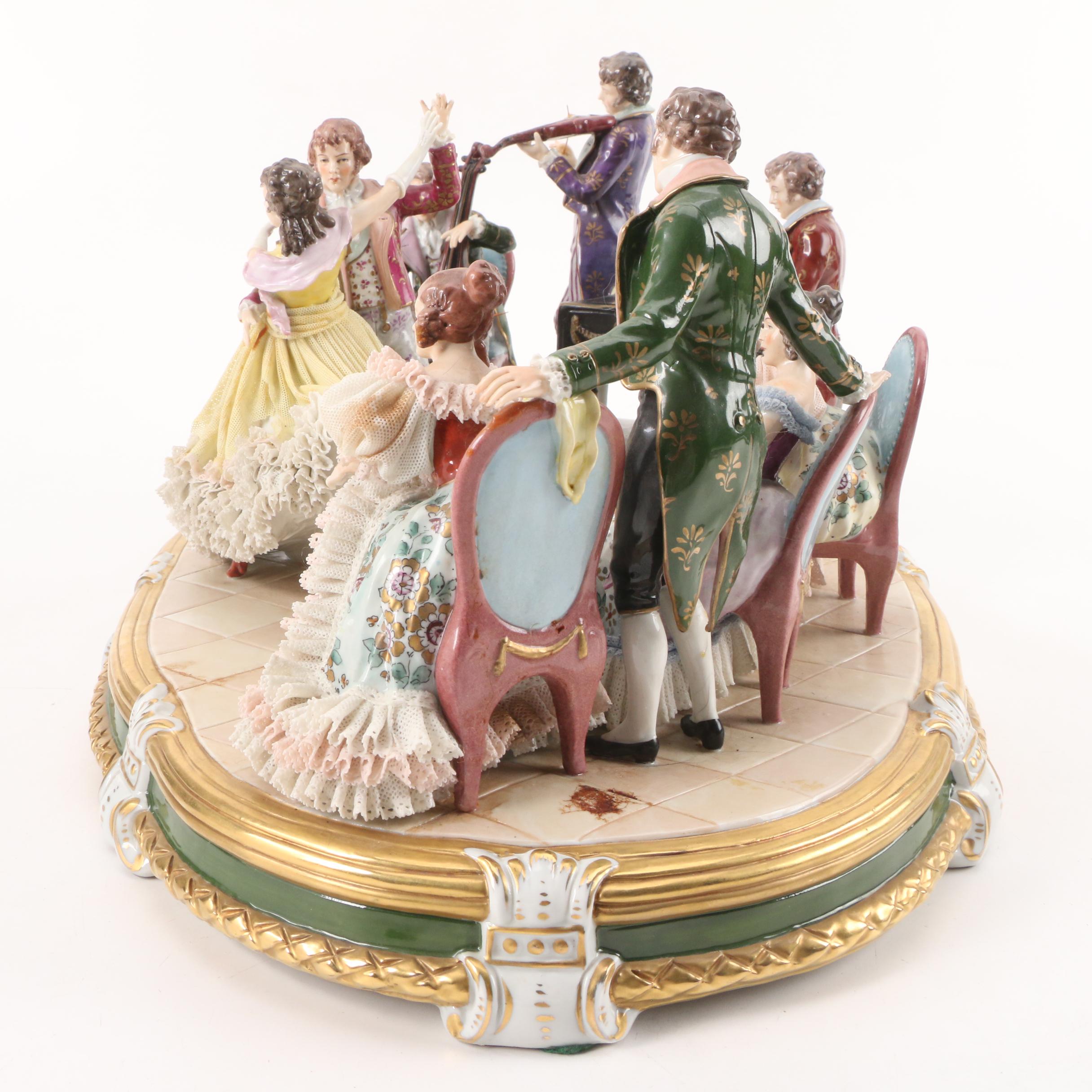 Sitzendorf "King's Waltz" Dresden Lace Porcelain Tableau, Early to Mid-20th C.
