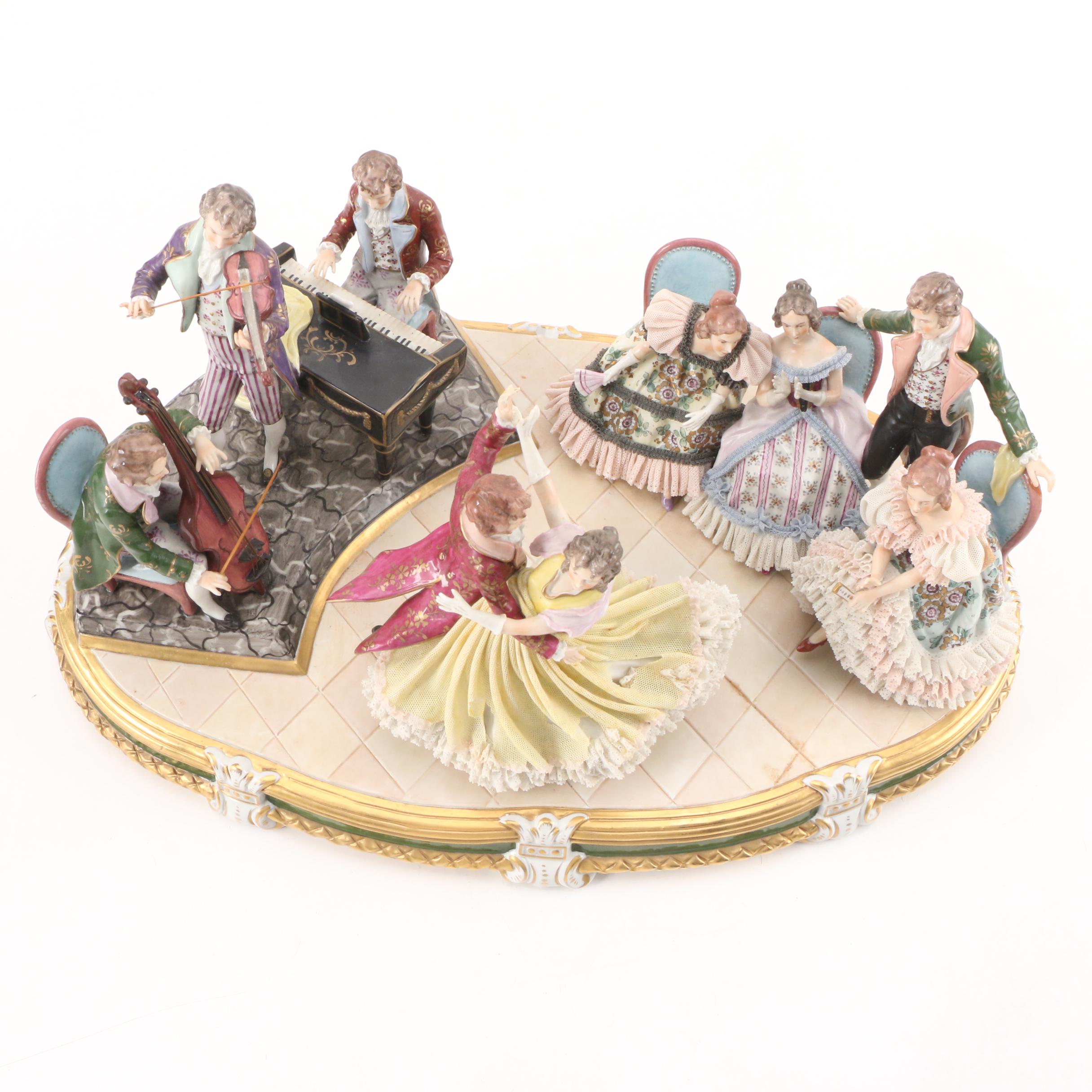 Sitzendorf "King's Waltz" Dresden Lace Porcelain Tableau, Early to Mid-20th C.