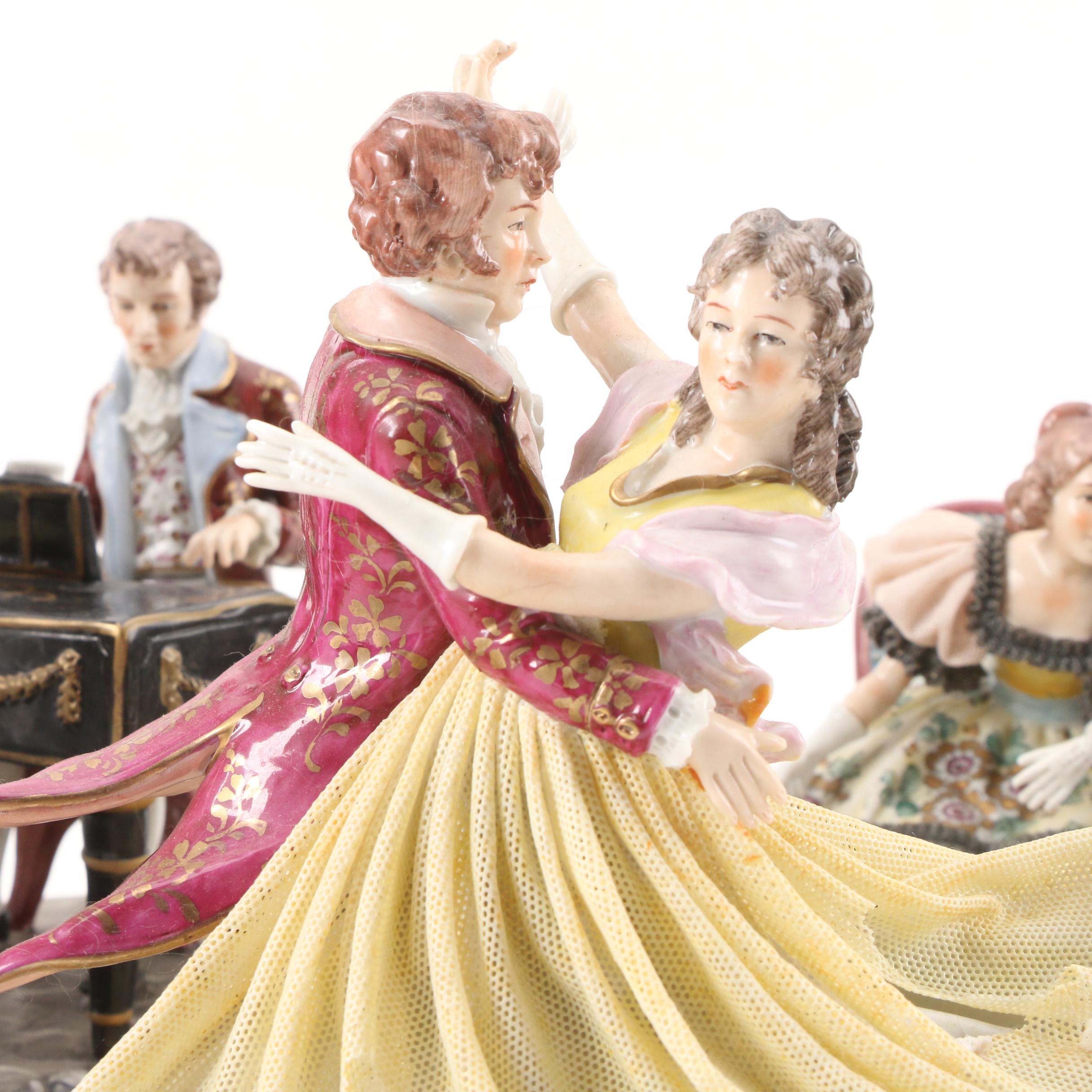 Sitzendorf "King's Waltz" Dresden Lace Porcelain Tableau, Early to Mid-20th C.