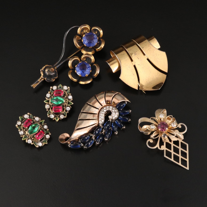 Vintage Brooches, Clips and Earrings Including Sterling and Rhinestones