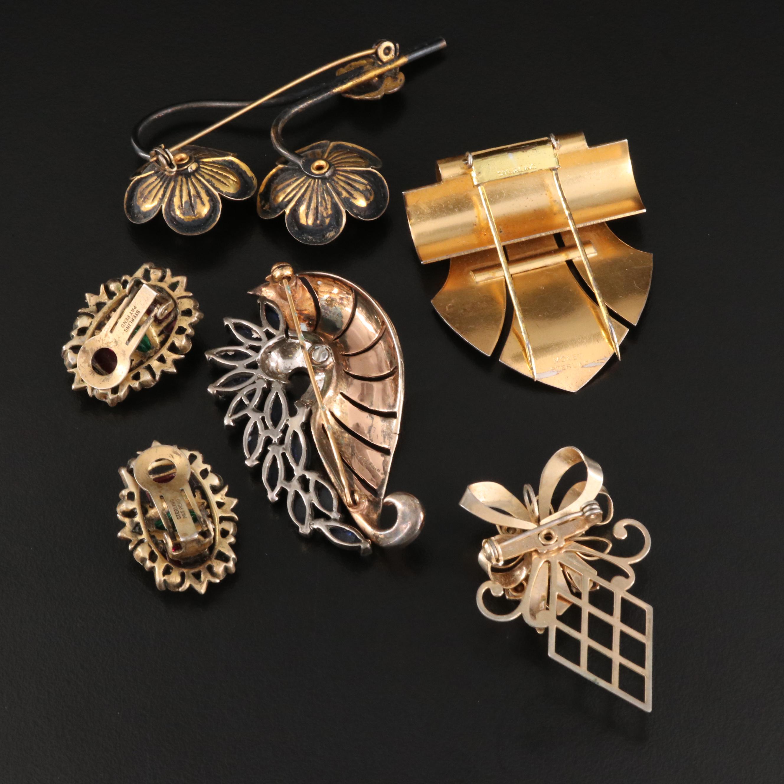 Vintage Brooches, Clips and Earrings Including Sterling and Rhinestones