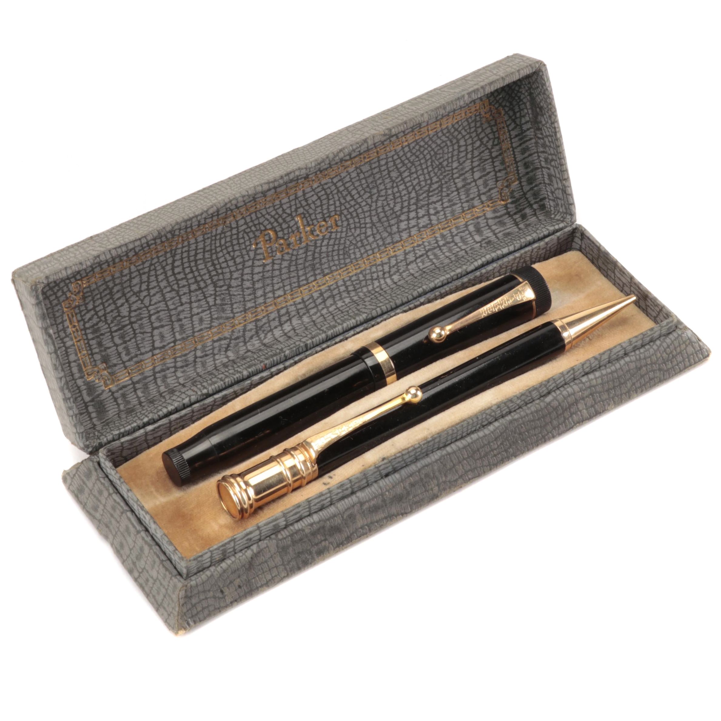 Parker "Duofold Jr Lucky Curve" Fountain Pen and Pencil Set in Case