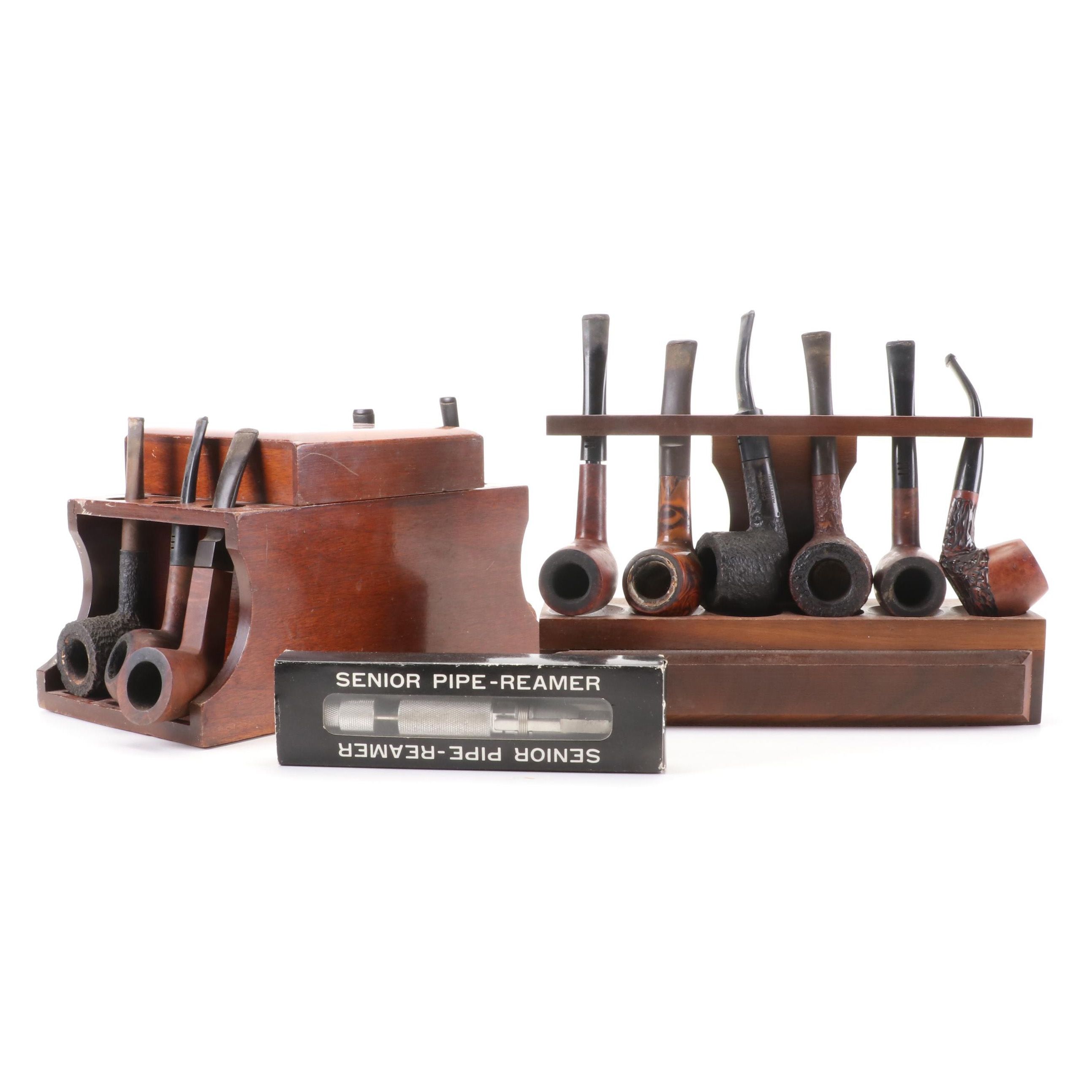 Savoy, Carey, Edwards, and More Briar Tobacco Pipes with Pipe Stands and Reamer
