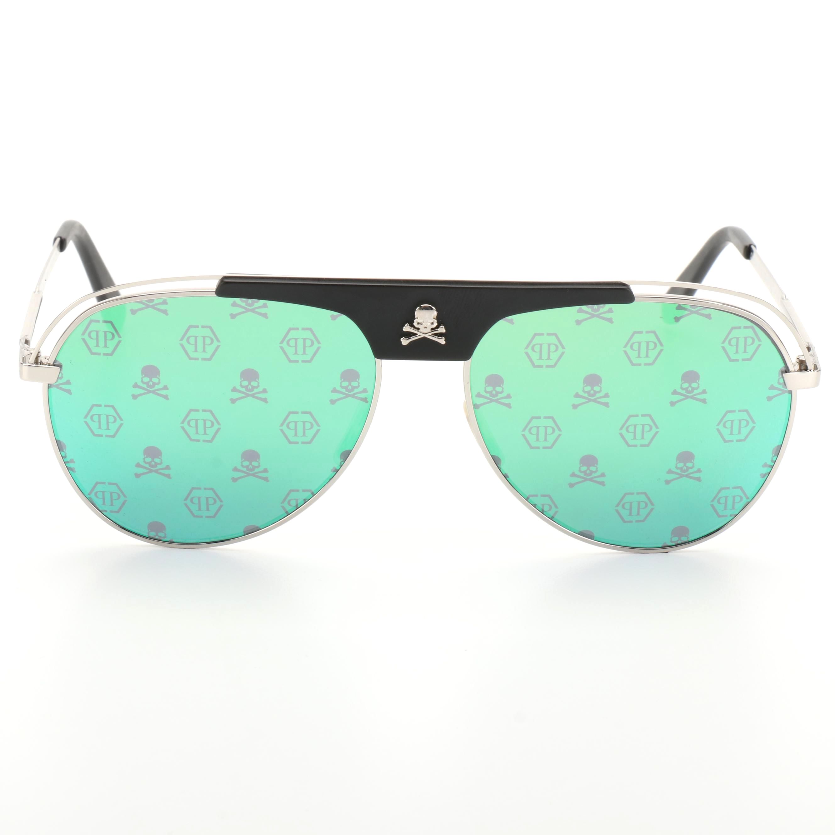 Philipp Plein Sunglasses UES0046 Reflective Aviator Metal-Black Frame with Case
