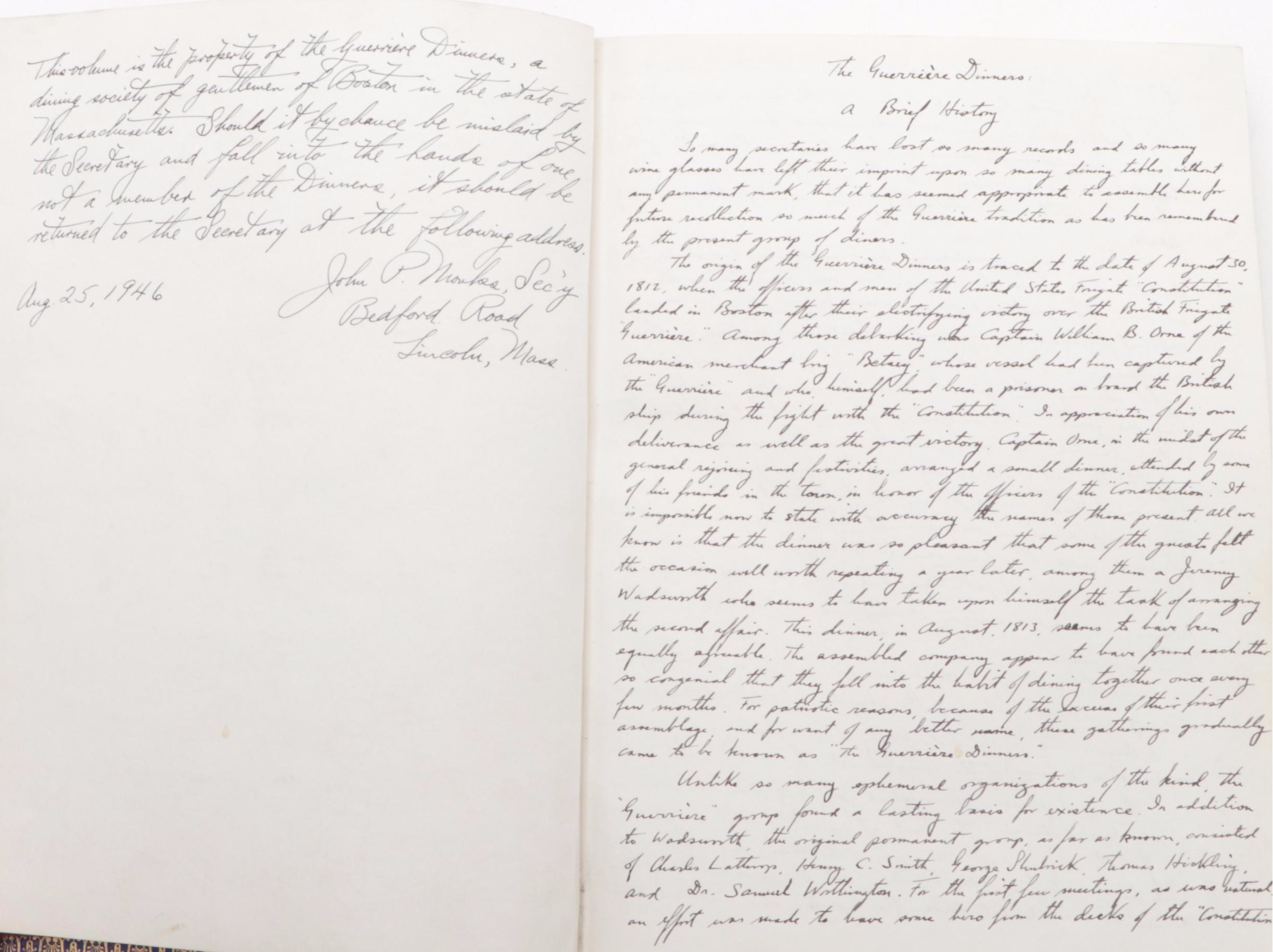 "The Guerrière Dinners" Dining Society Signed Event/Guest Book, Mid-20th Century