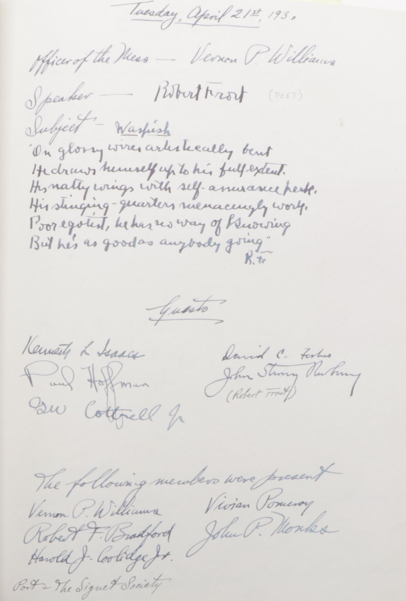 "The Guerrière Dinners" Dining Society Signed Event/Guest Book, Mid-20th Century