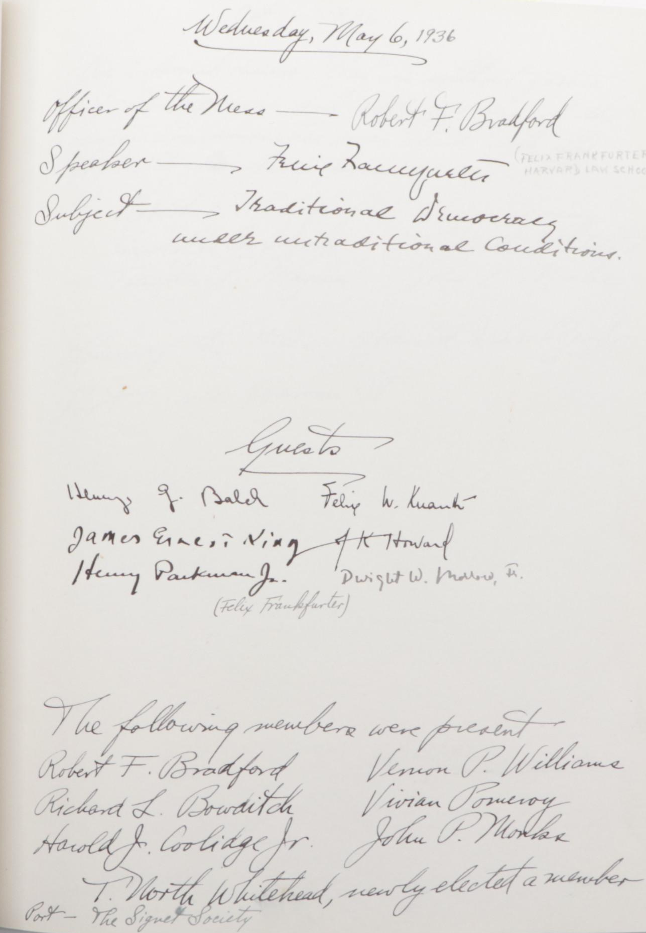 "The Guerrière Dinners" Dining Society Signed Event/Guest Book, Mid-20th Century