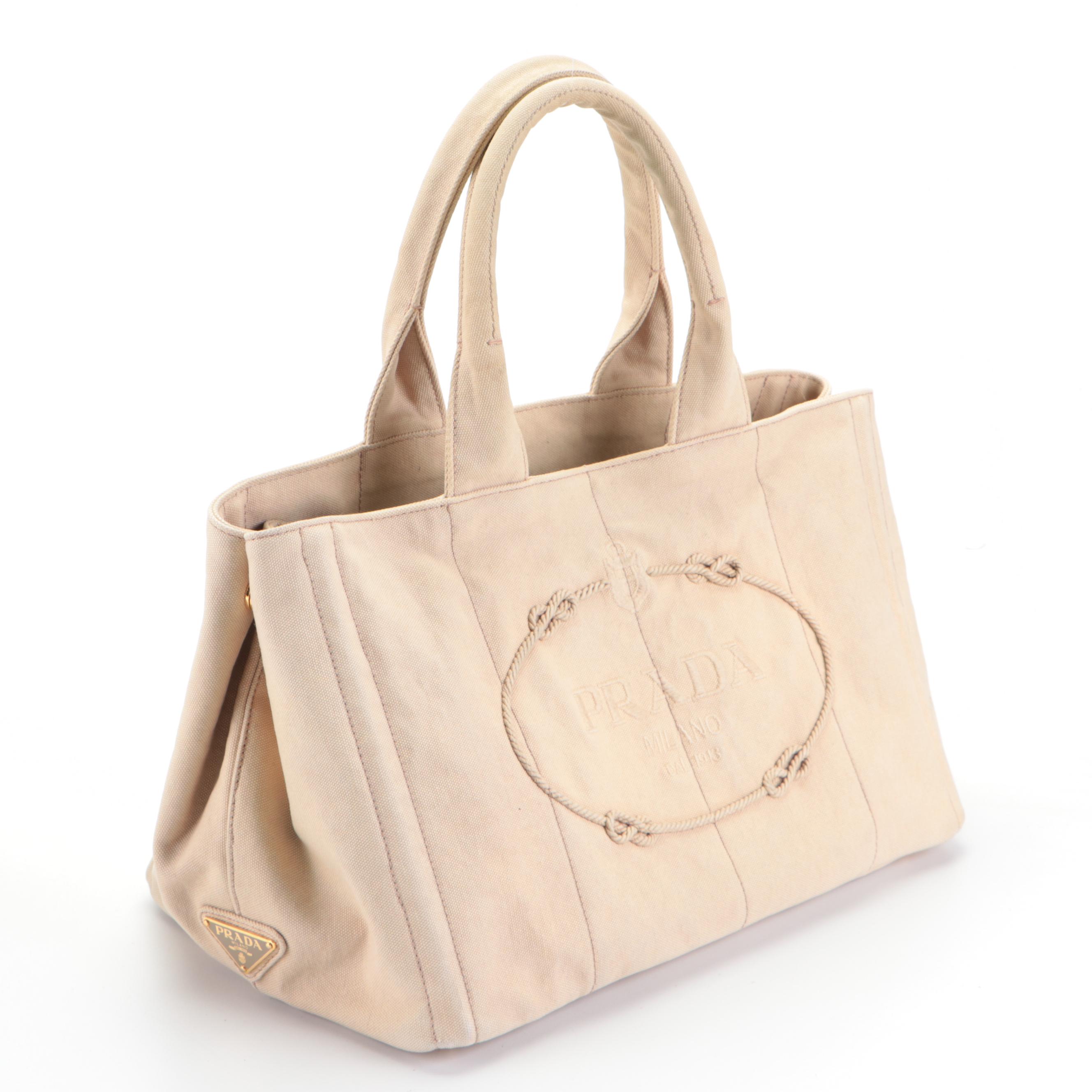 Prada Appliqué Canapa Logo Tote in Washed Corda Canvas
