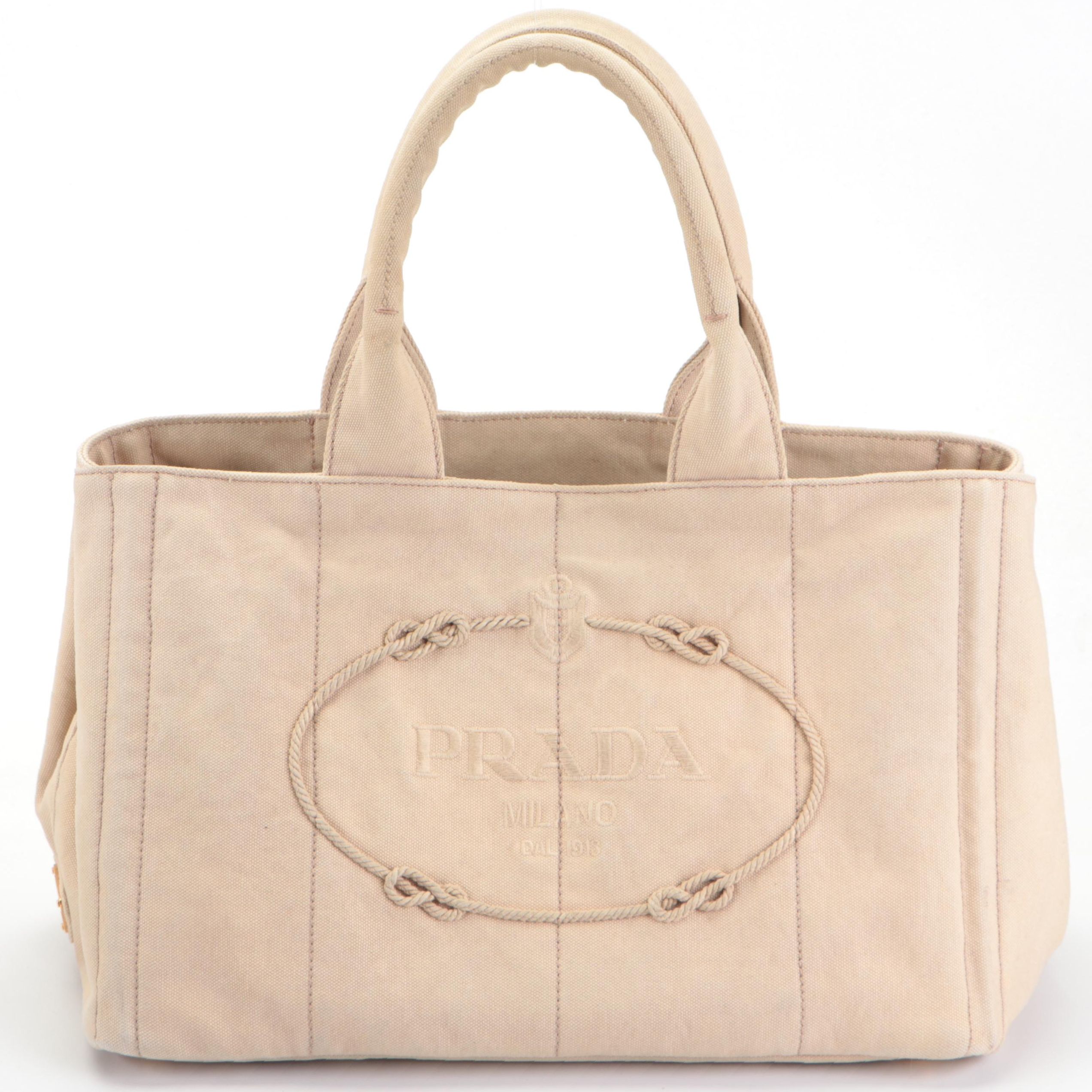 Prada Appliqué Canapa Logo Tote in Washed Corda Canvas