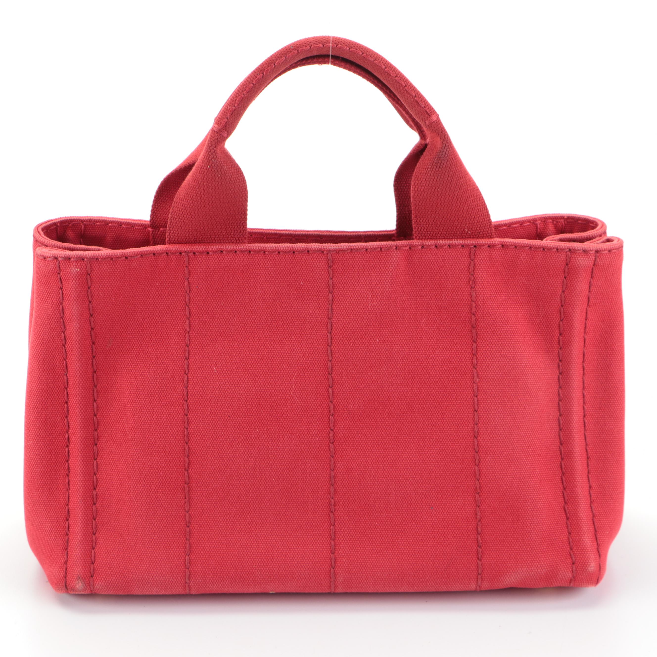 Prada Small Tote Bag in Red Canapa Canvas with Silkscreen Print Logo