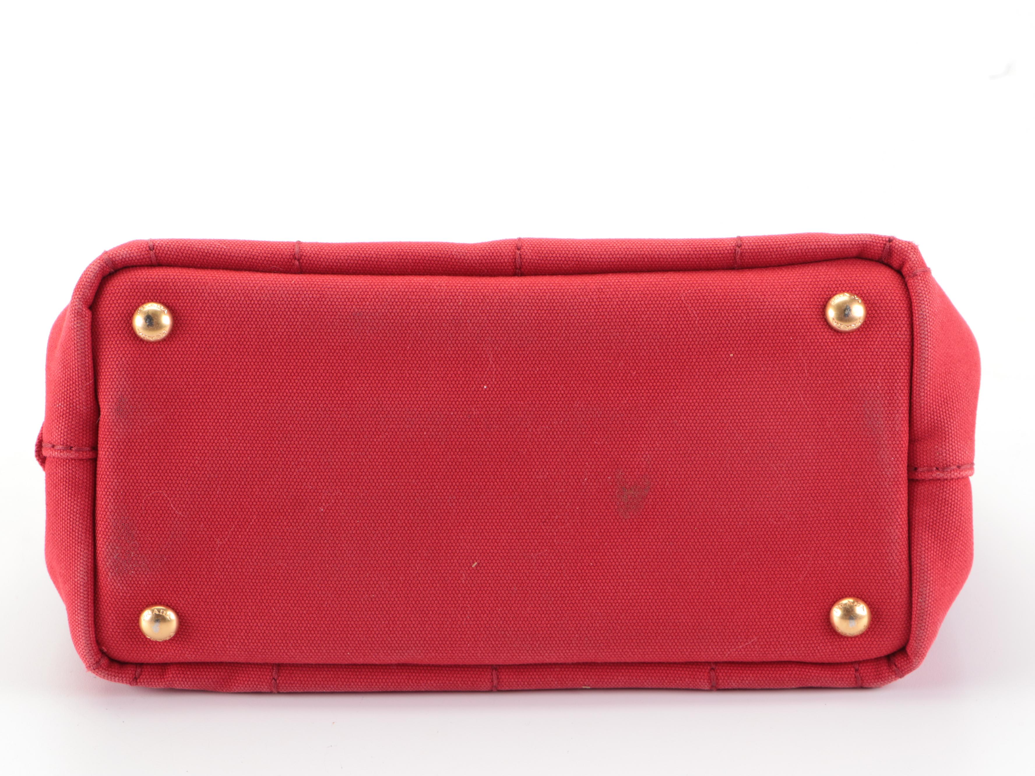 Prada Small Tote Bag in Red Canapa Canvas with Silkscreen Print Logo