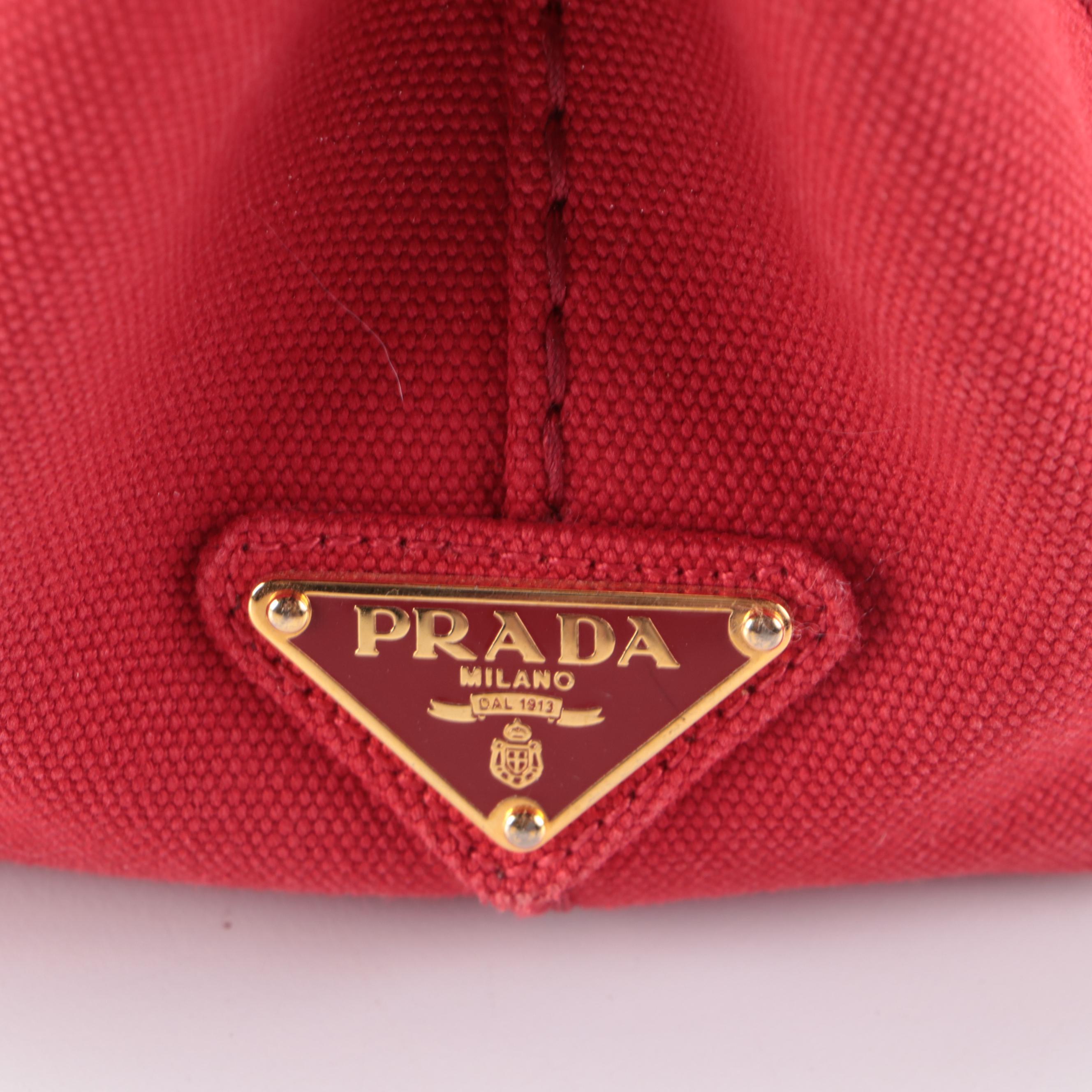 Prada Small Tote Bag in Red Canapa Canvas with Silkscreen Print Logo