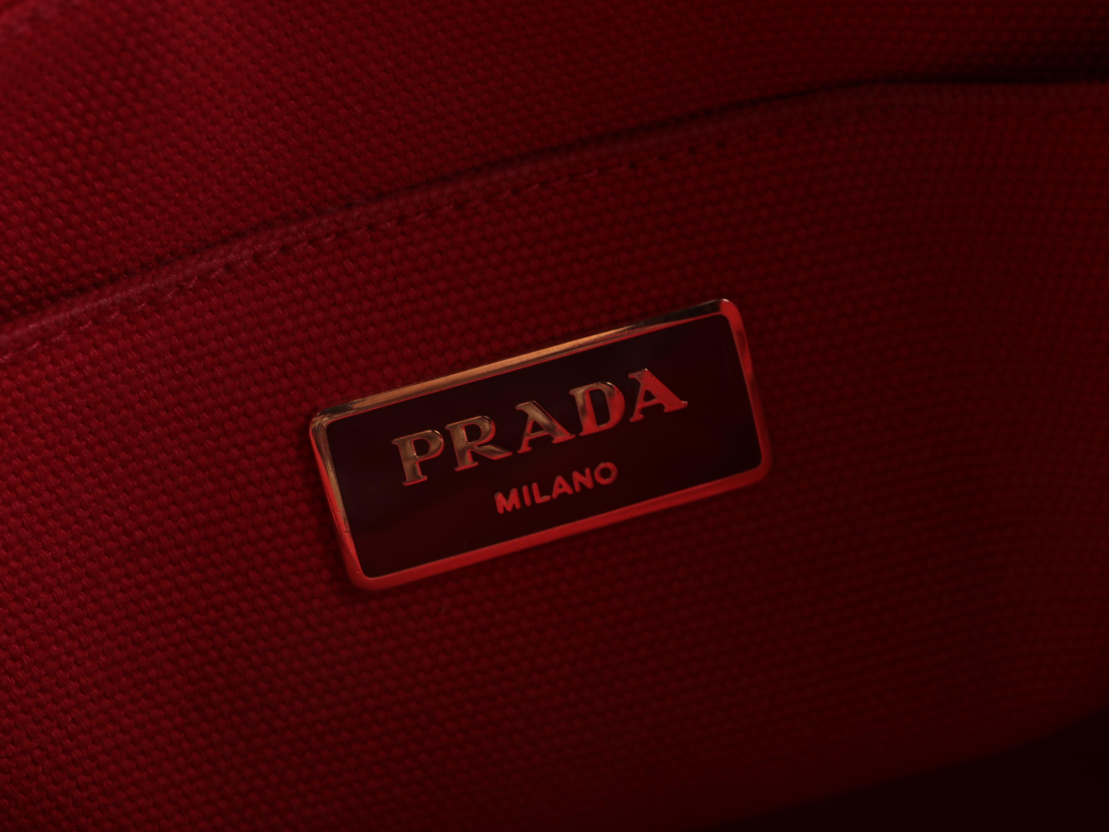 Prada Small Tote Bag in Red Canapa Canvas with Silkscreen Print Logo