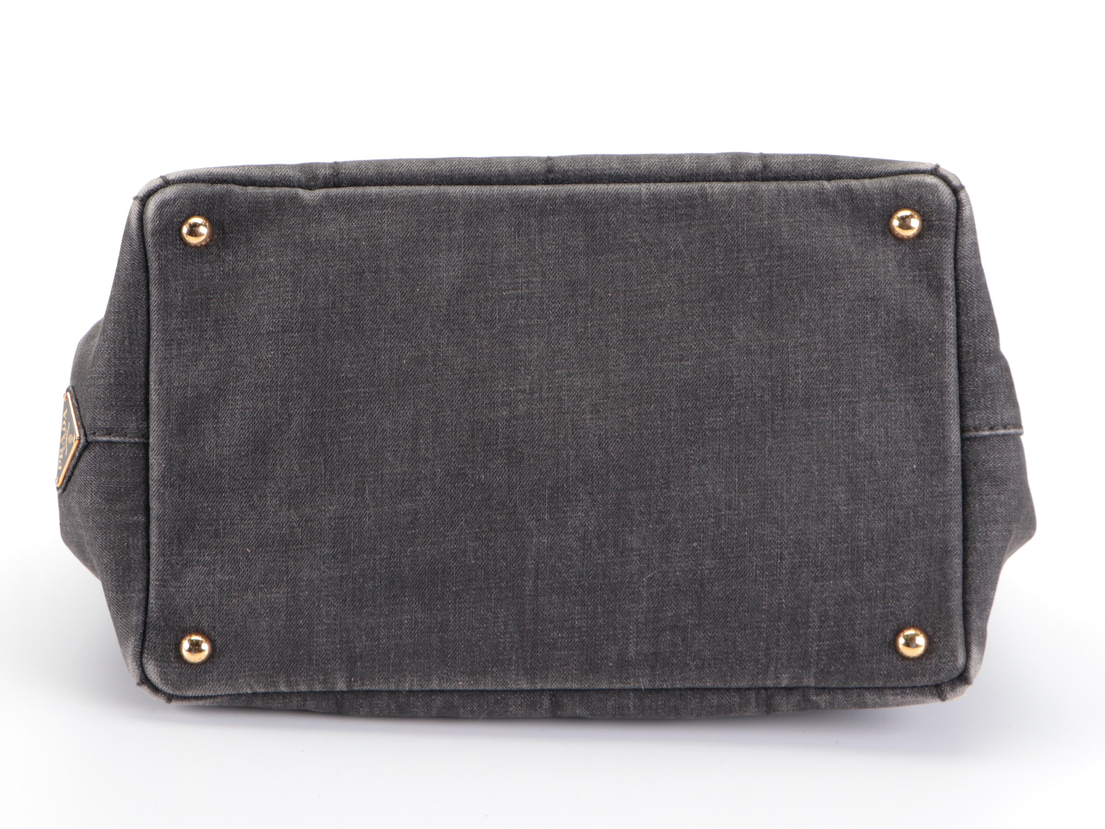 Prada Tote Bag in Silkscreen-Printed Logo Grey Denim with Detachable Strap