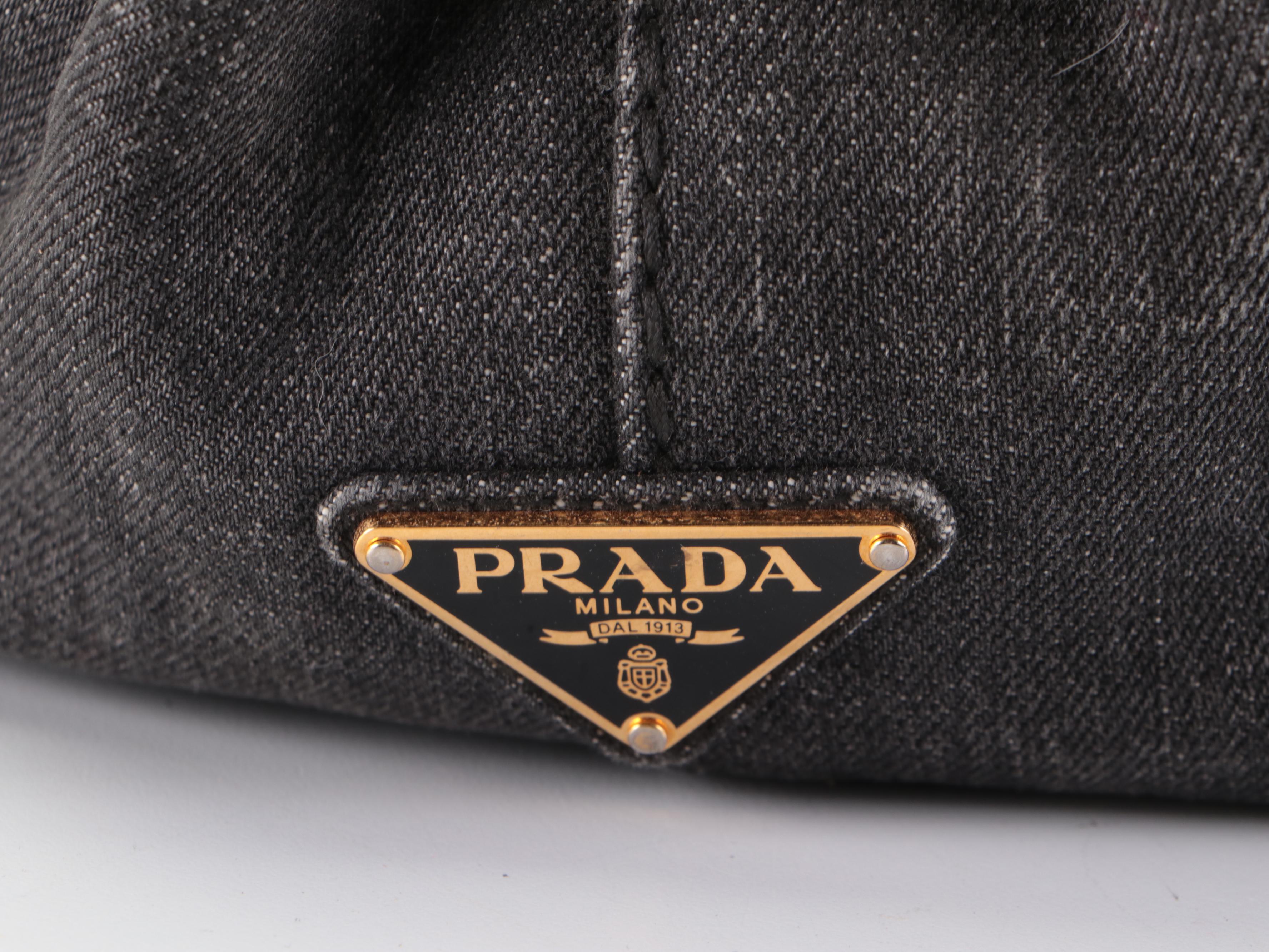 Prada Tote Bag in Silkscreen-Printed Logo Grey Denim with Detachable Strap