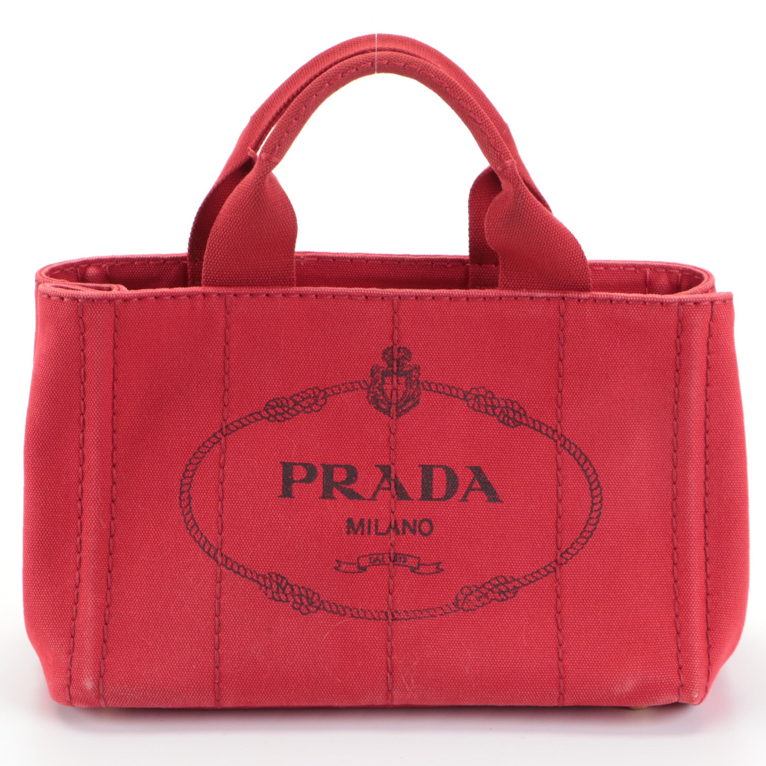 Prada Small Tote Bag in Red Canapa Canvas with Silkscreen Print Logo