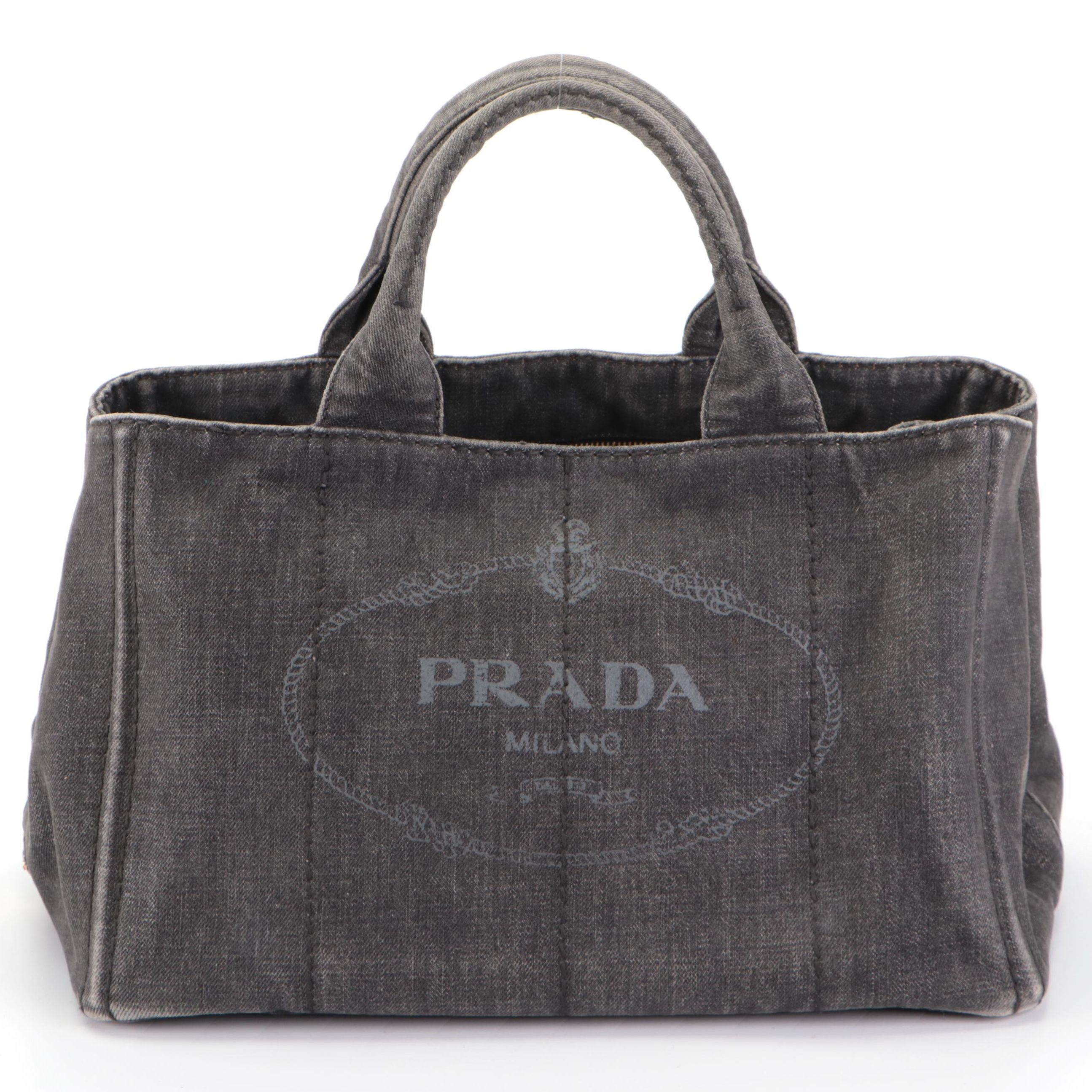 Prada Tote Bag in Silkscreen-Printed Logo Grey Denim with Detachable Strap