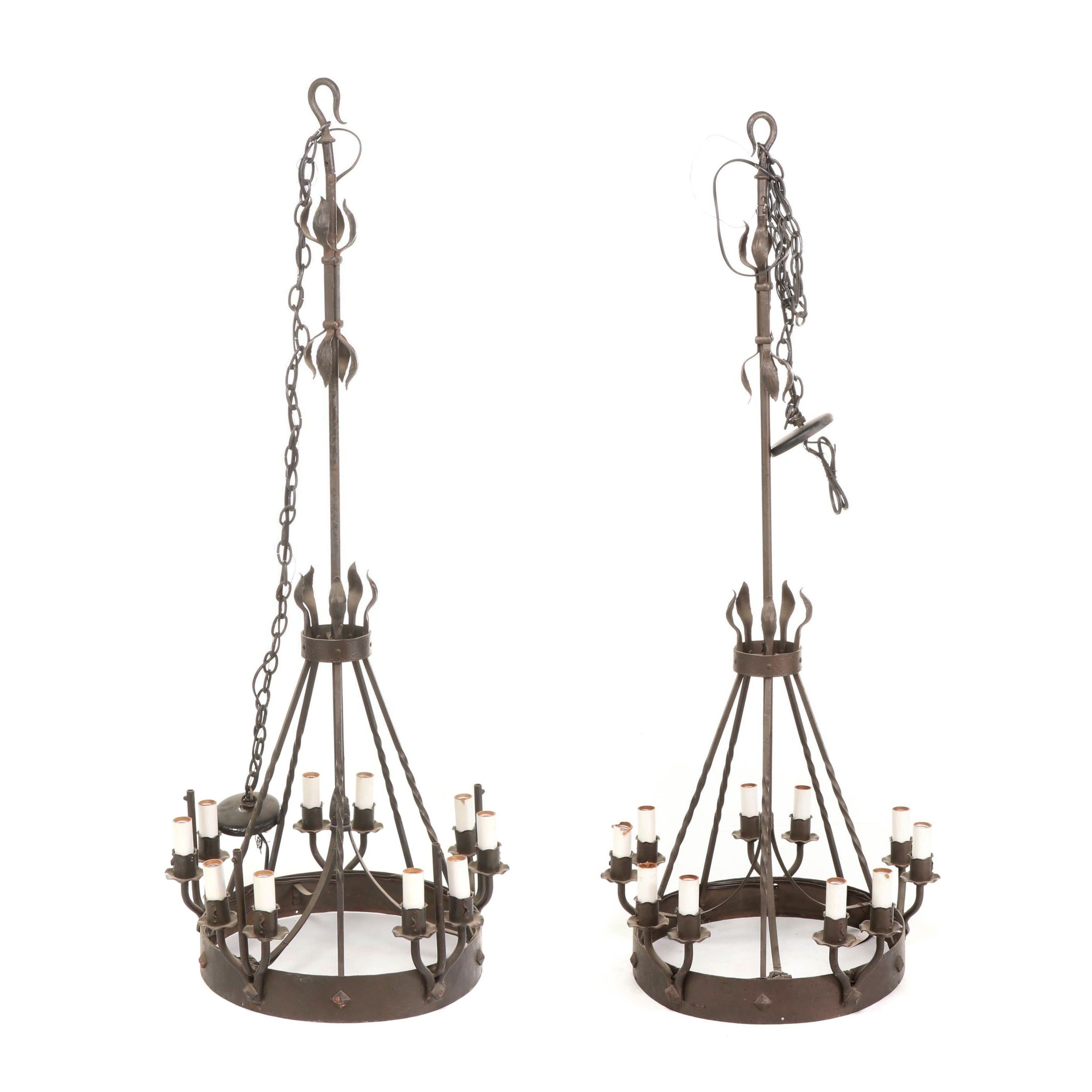 Pair of Spanish Colonial Style Wrought Iron Chandeliers