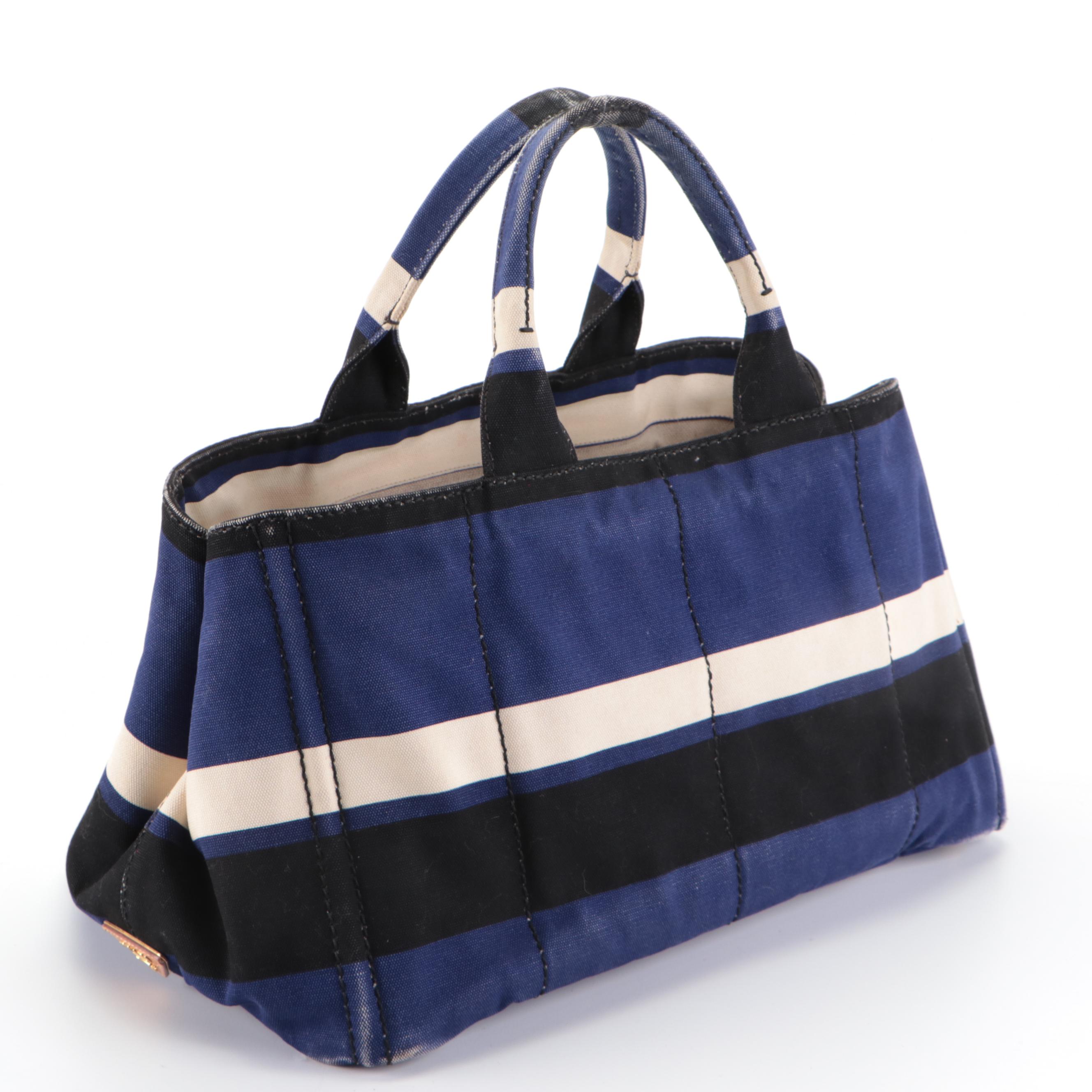 Prada Blue, White, and Black Striped Canapa Tote Bag