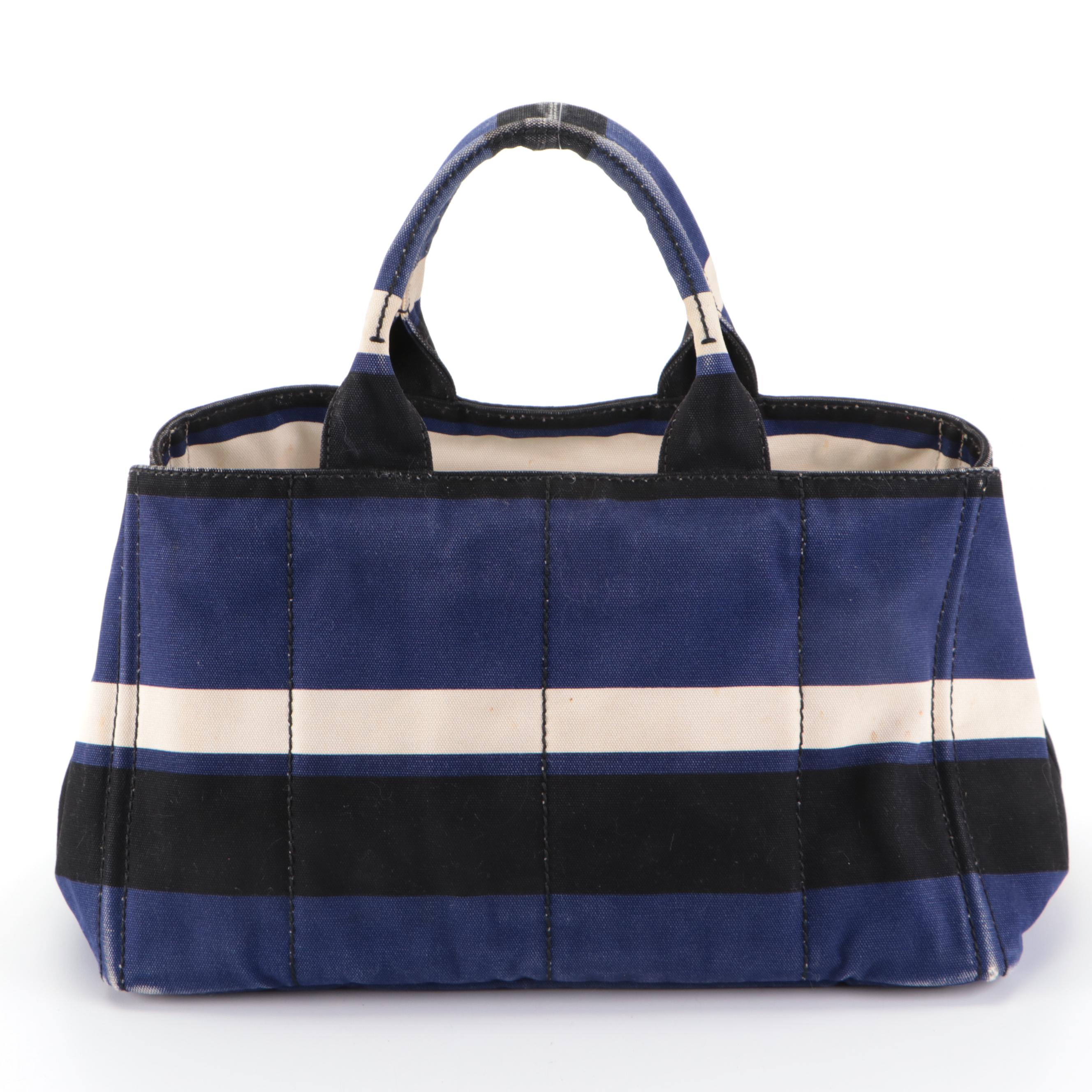 Prada Blue, White, and Black Striped Canapa Tote Bag