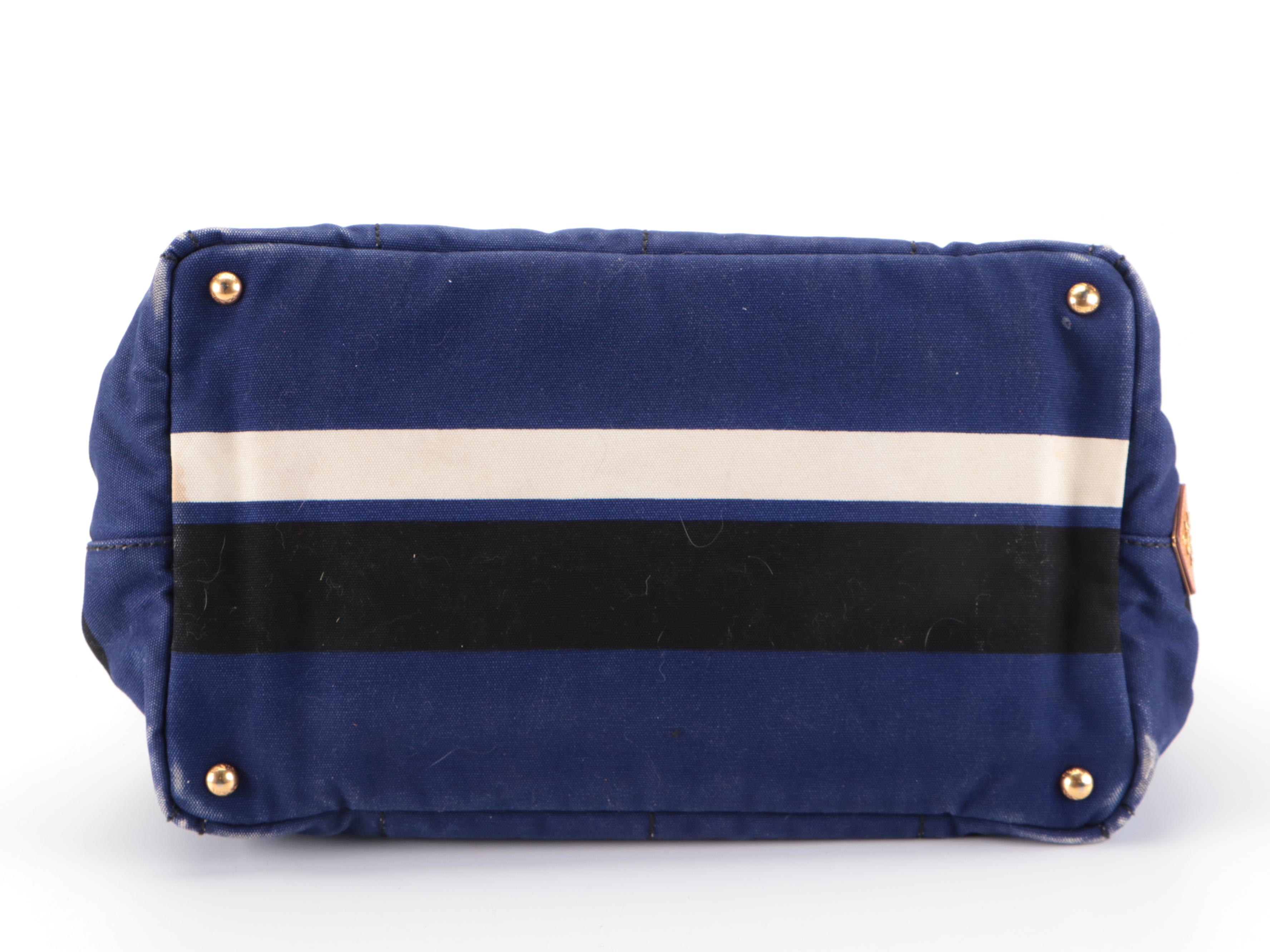 Prada Blue, White, and Black Striped Canapa Tote Bag