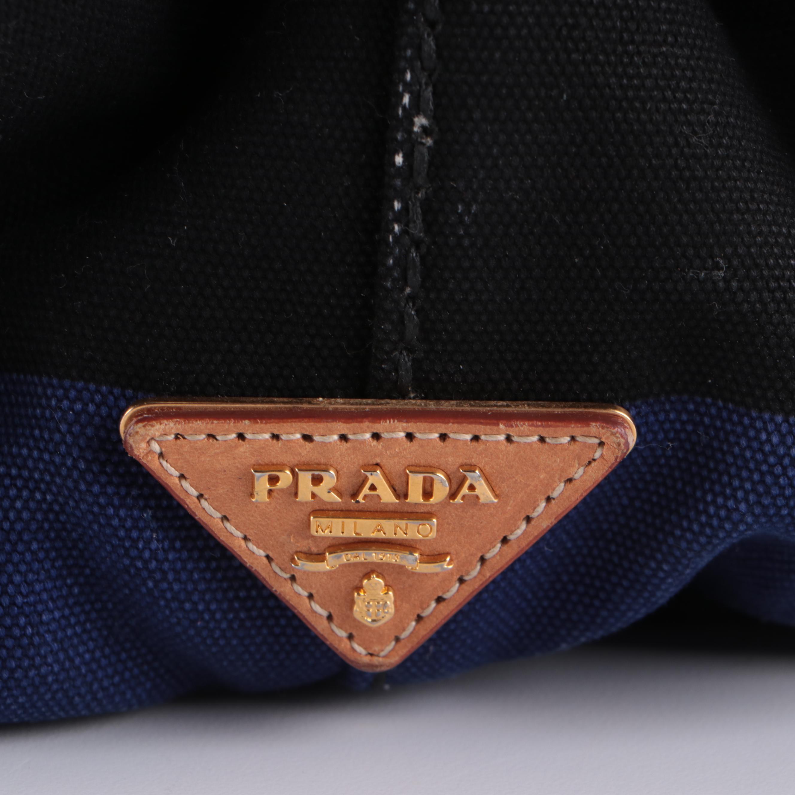 Prada Blue, White, and Black Striped Canapa Tote Bag