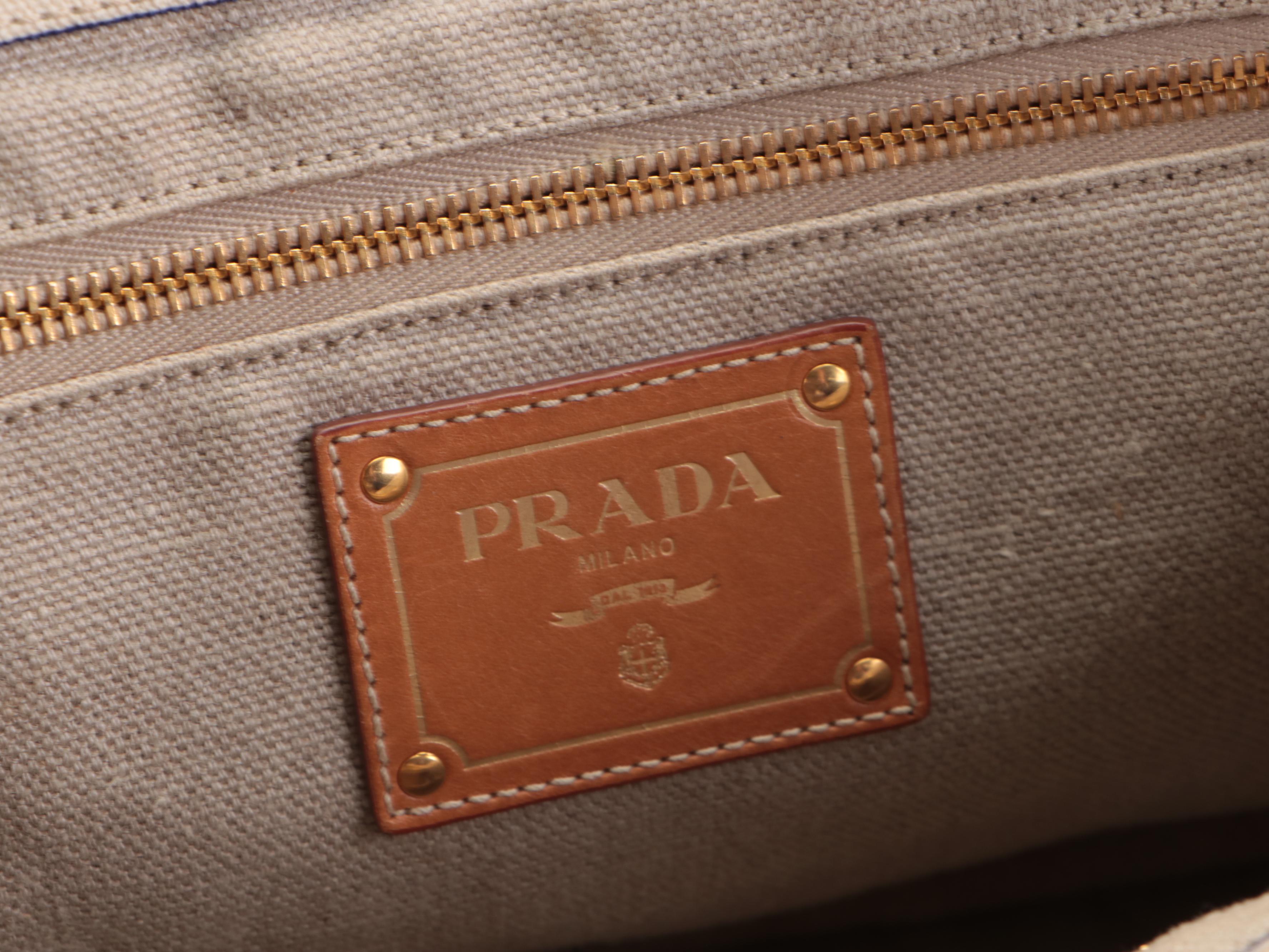 Prada Blue, White, and Black Striped Canapa Tote Bag