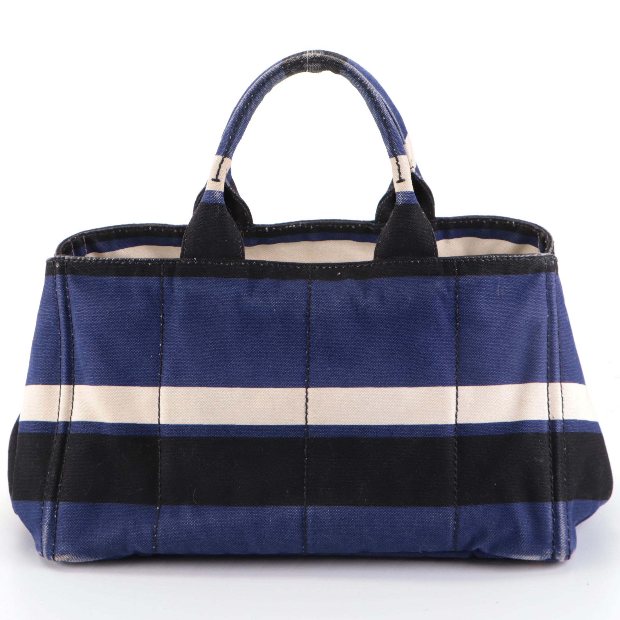Prada Blue, White, and Black Striped Canapa Tote Bag