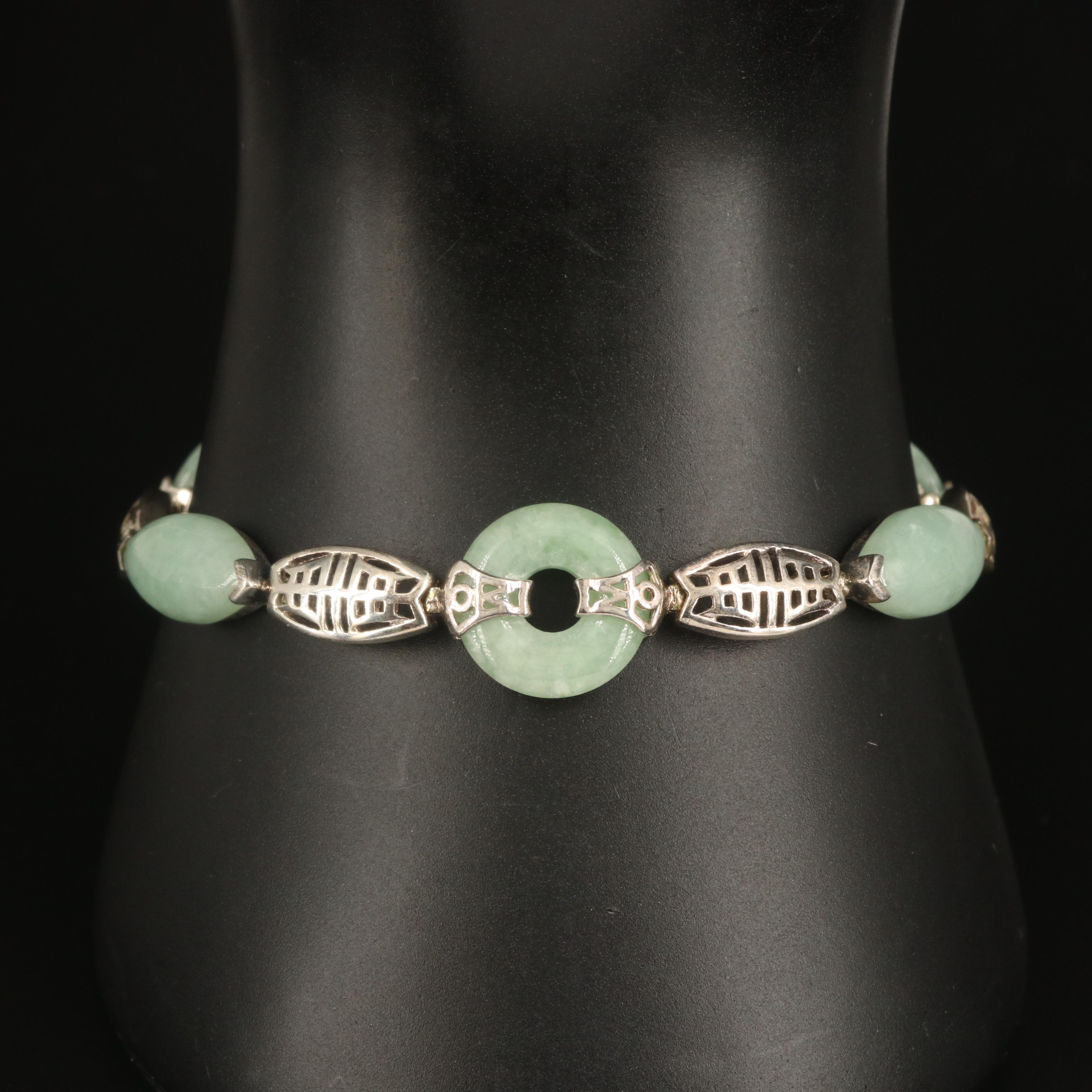 Chinese Sterling Jadeite Bi with "Longevity" Links Bracelet