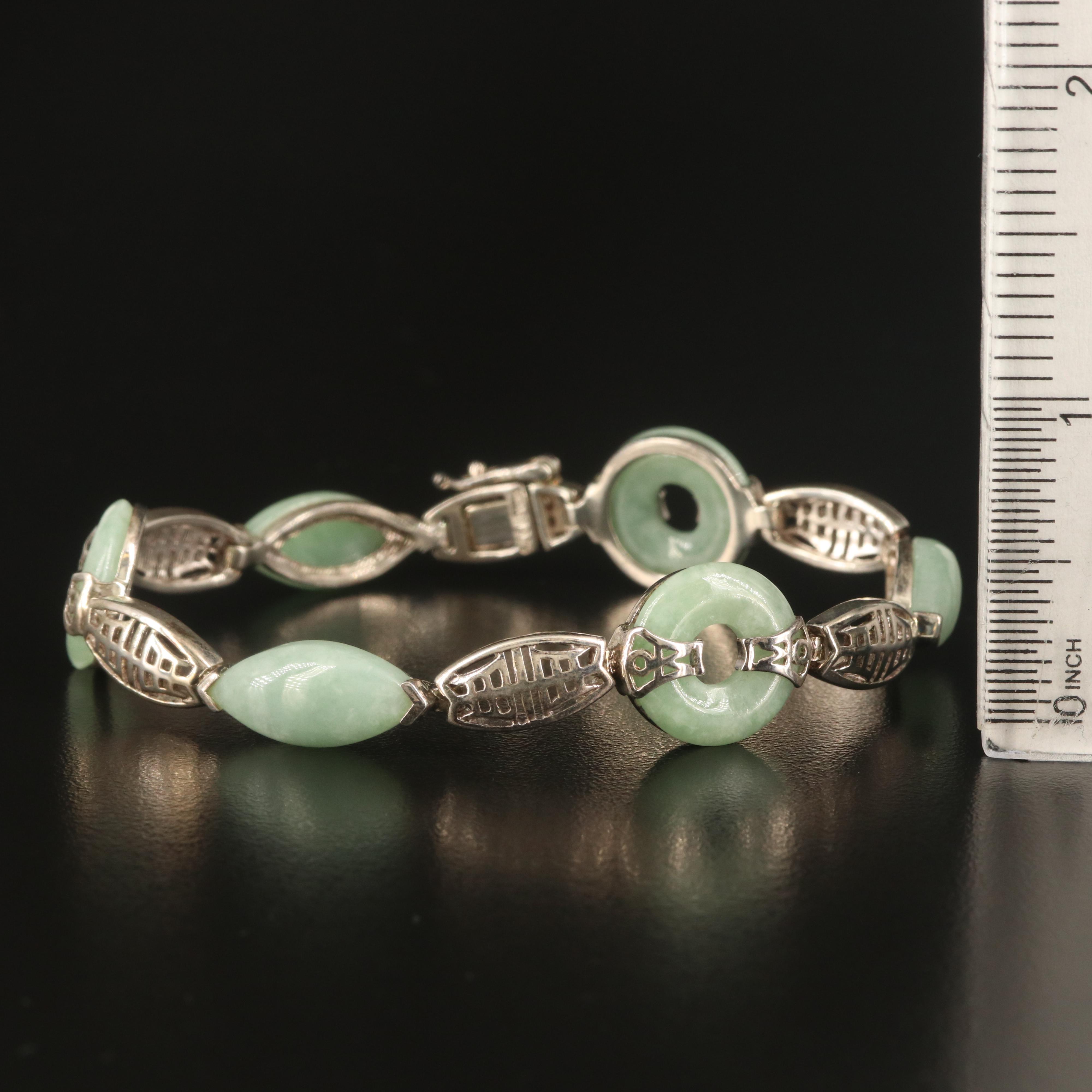 Chinese Sterling Jadeite Bi with "Longevity" Links Bracelet