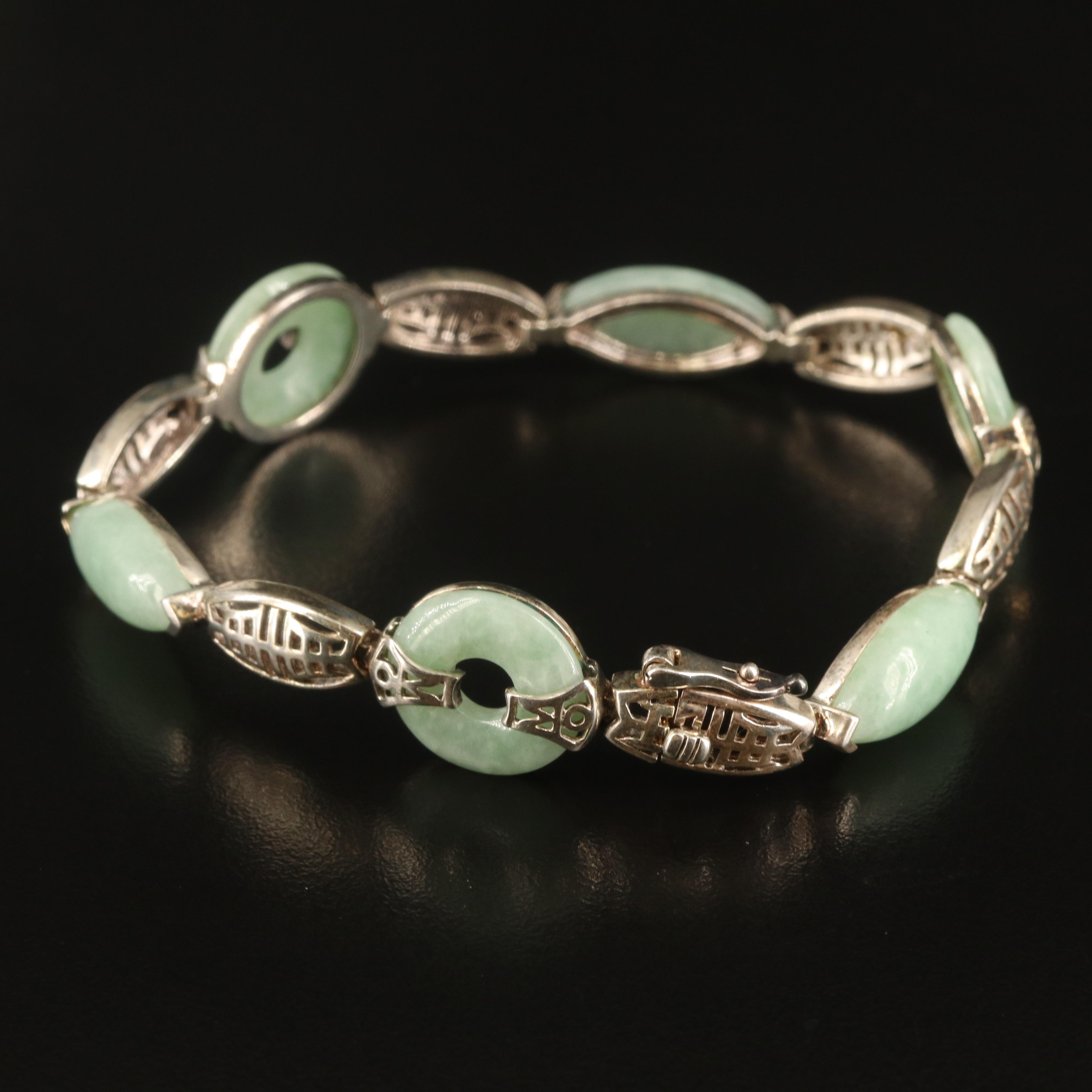 Chinese Sterling Jadeite Bi with "Longevity" Links Bracelet