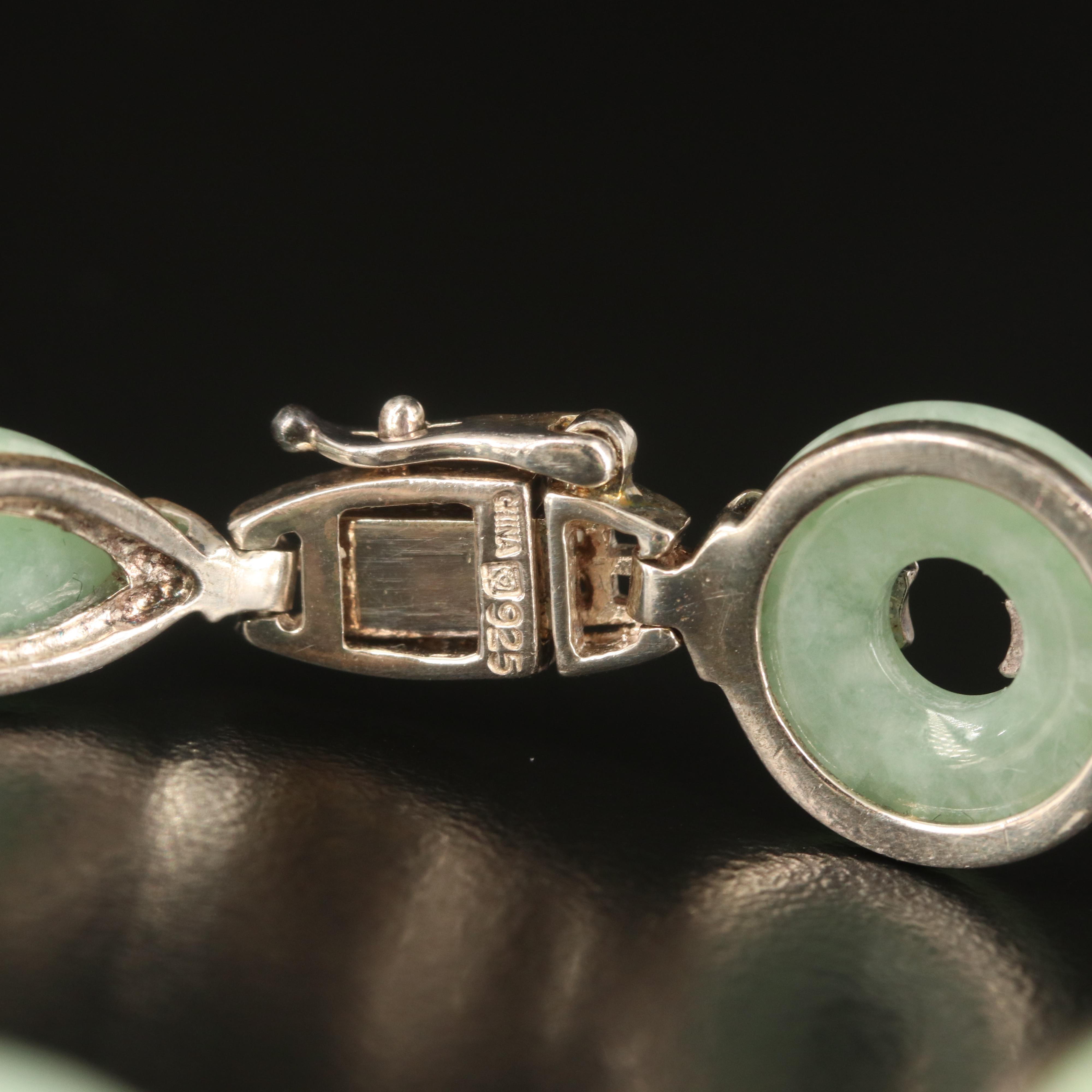 Chinese Sterling Jadeite Bi with "Longevity" Links Bracelet