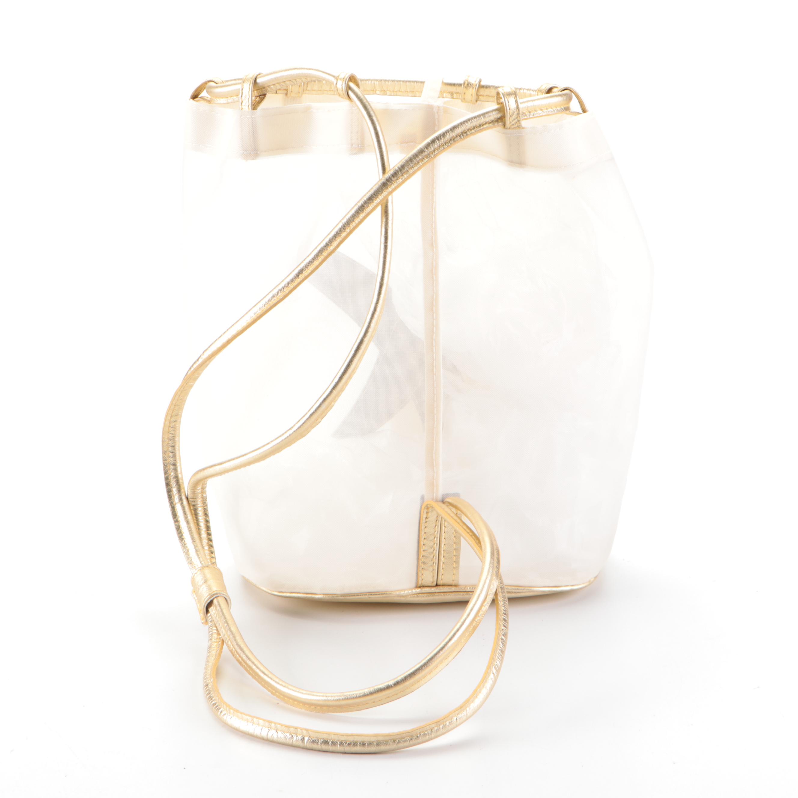 Paloma Picasso Backpack in White PVC Mesh and Gold-Metallic Saffiano Leather