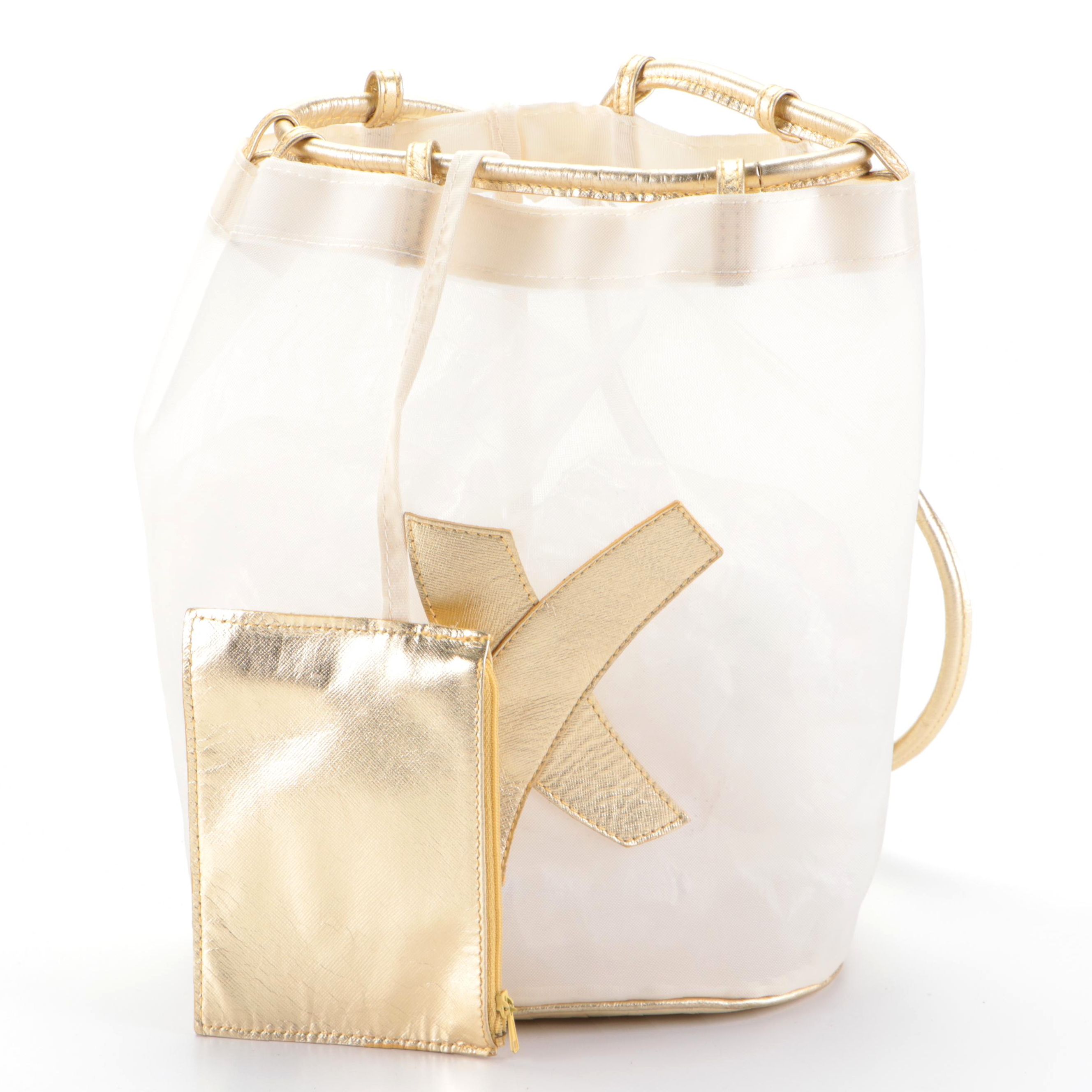 Paloma Picasso Backpack in White PVC Mesh and Gold-Metallic Saffiano Leather