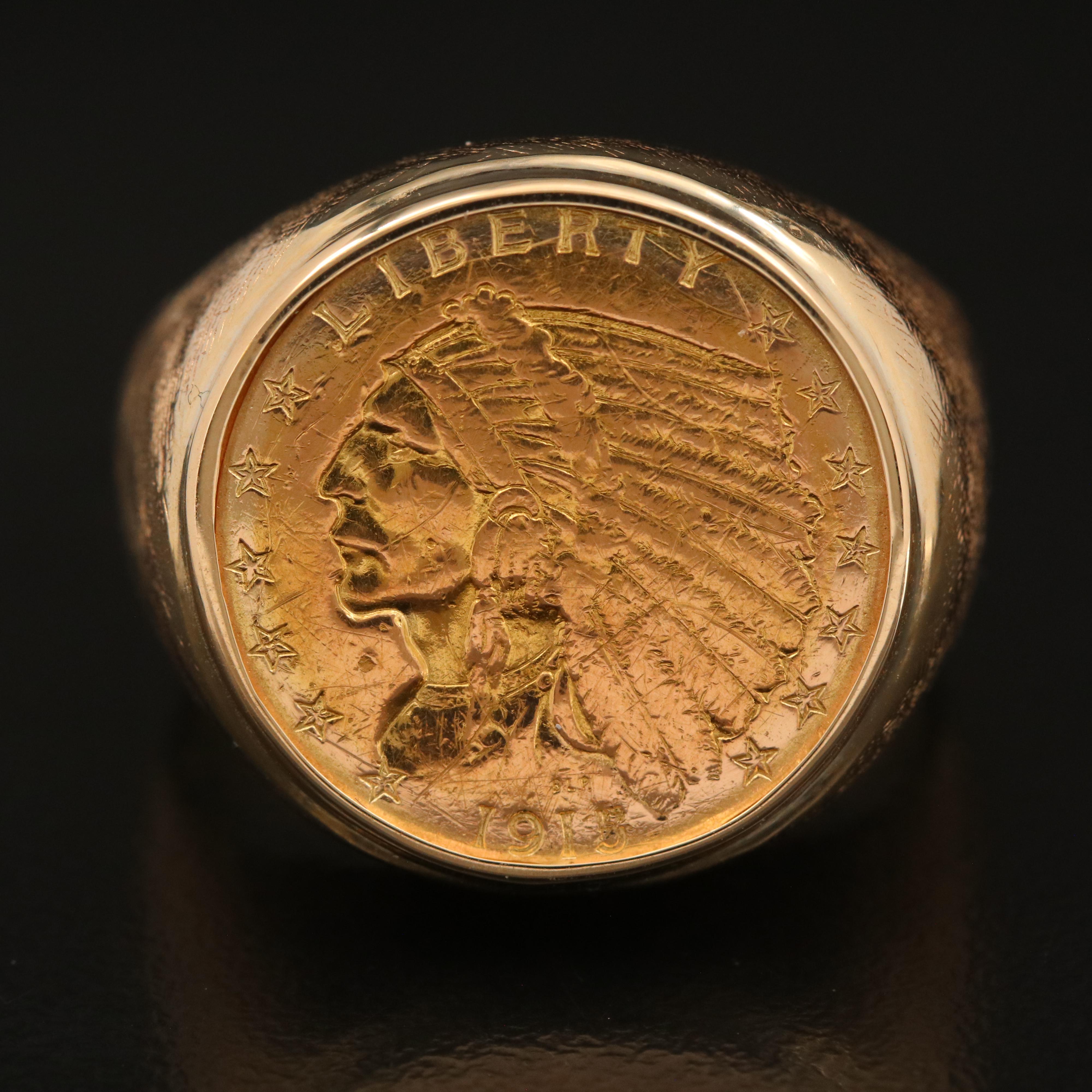 1915 Indian Head $2 1/2 Gold Coin in 14K Signet Ring Setting