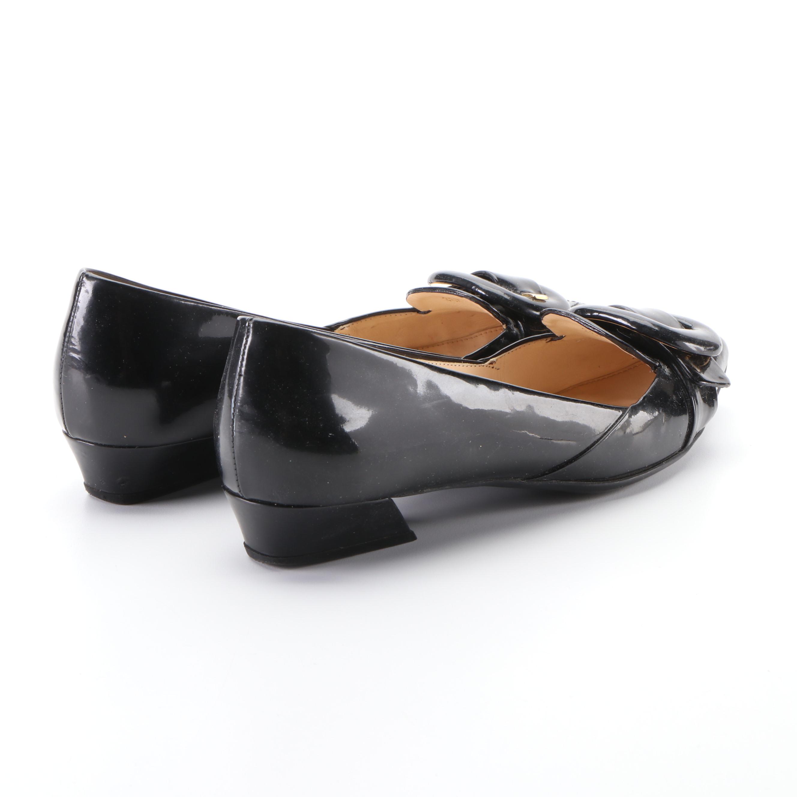 Prada Black Patent Leather Pointed-Toe Flats with Buckle Detail