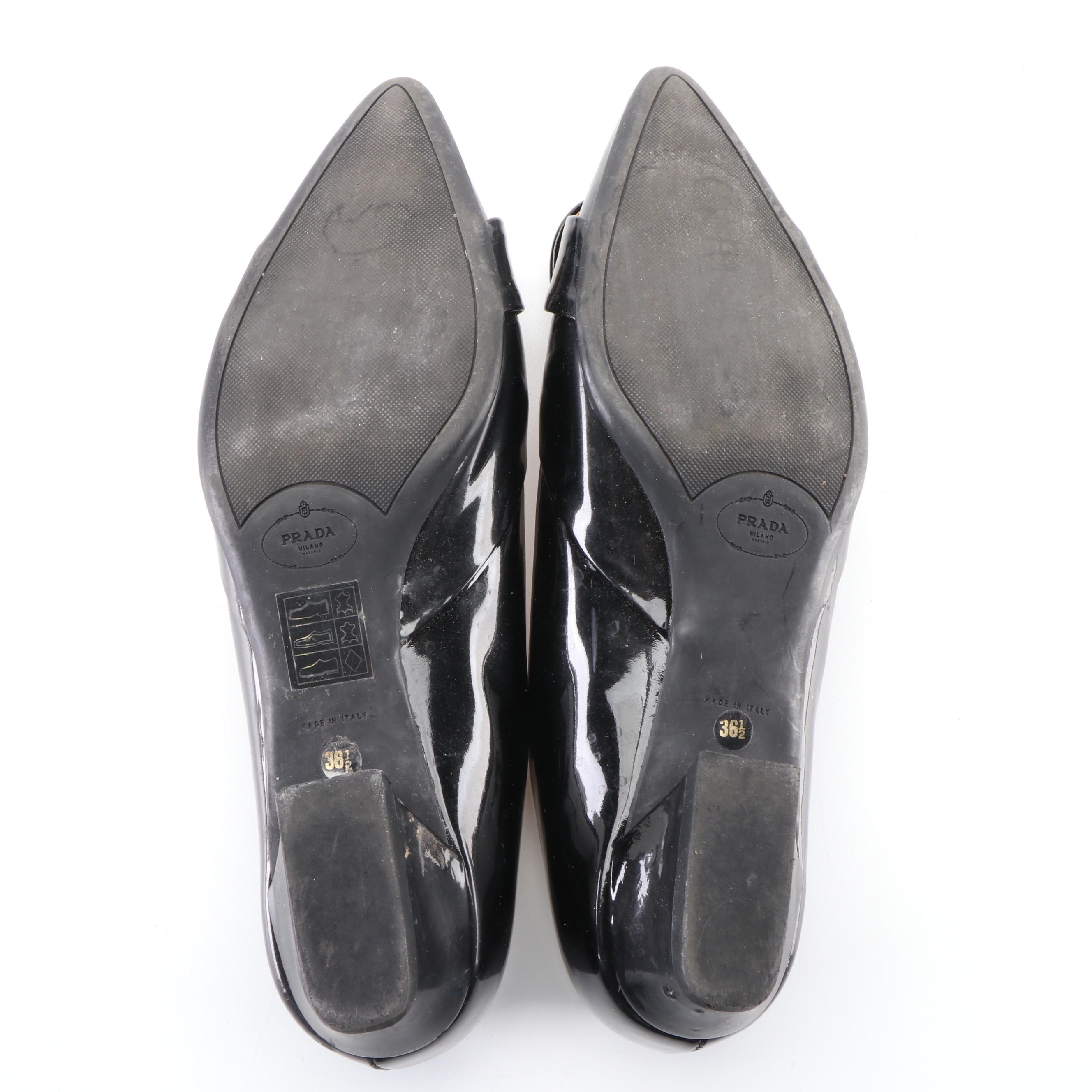 Prada Black Patent Leather Pointed-Toe Flats with Buckle Detail