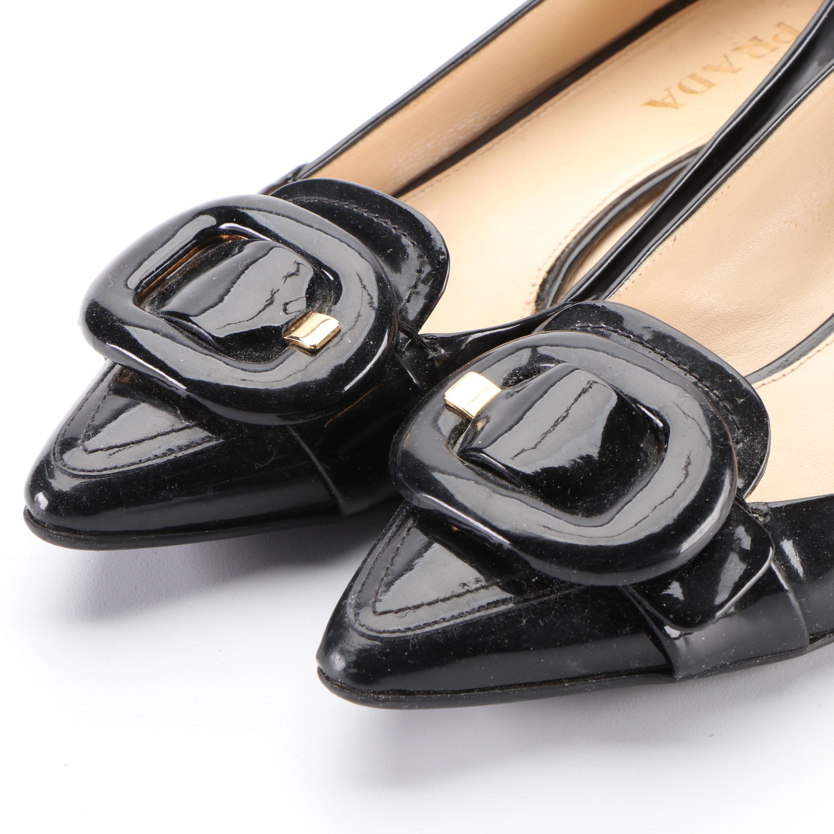 Prada Black Patent Leather Pointed-Toe Flats with Buckle Detail
