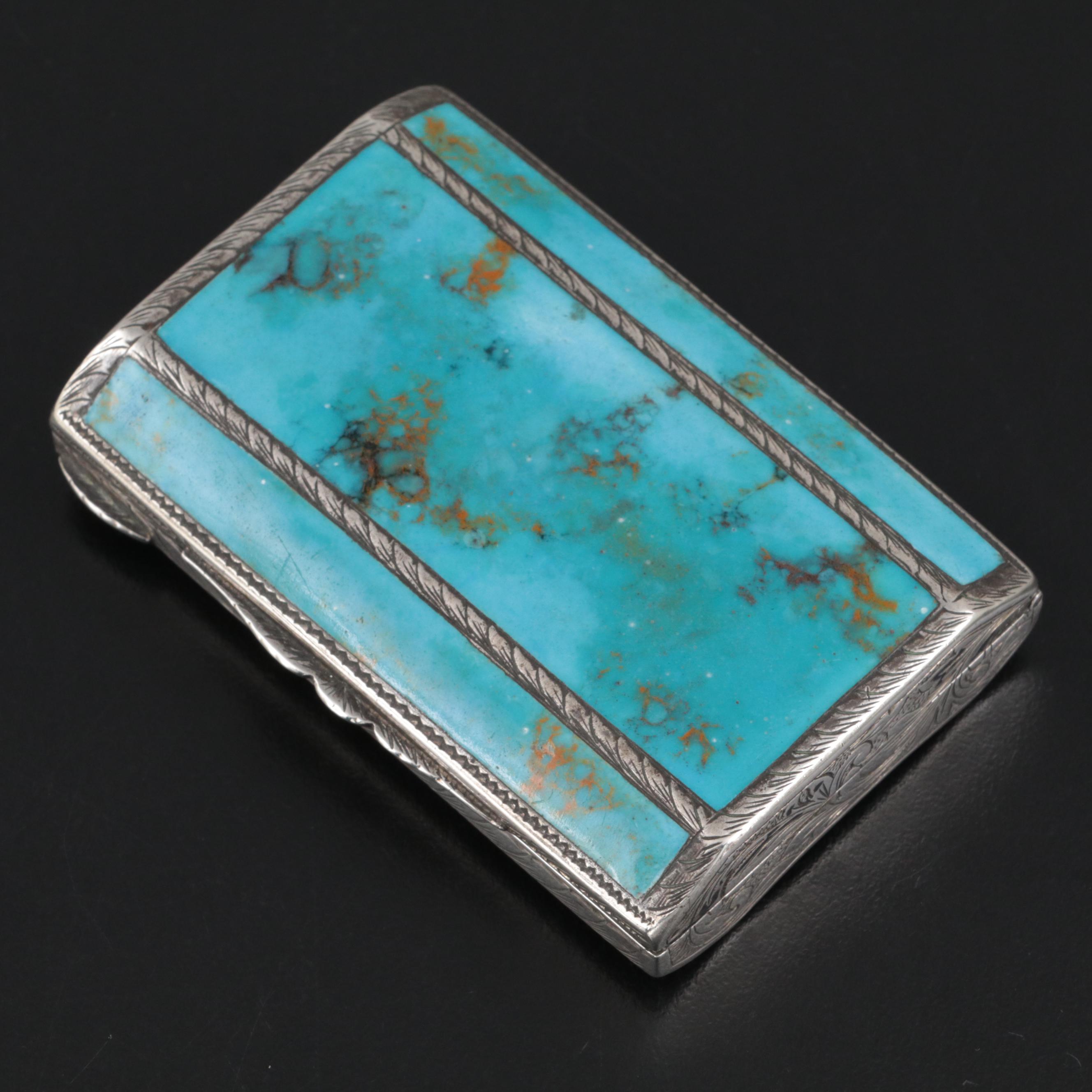 Chased 800 Silver and Turquoise Hinged Snuff Box